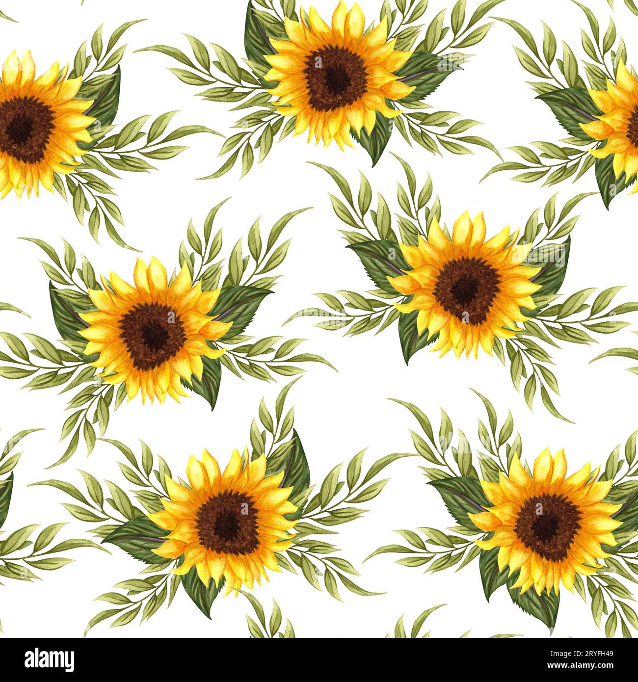 Nahtloses Muster mit Sonnenblumen auf weißem Hintergrund. Kollektion mit dekorativen Blumenmustern. Blumen, Knospen und Blätter ha Stockfoto