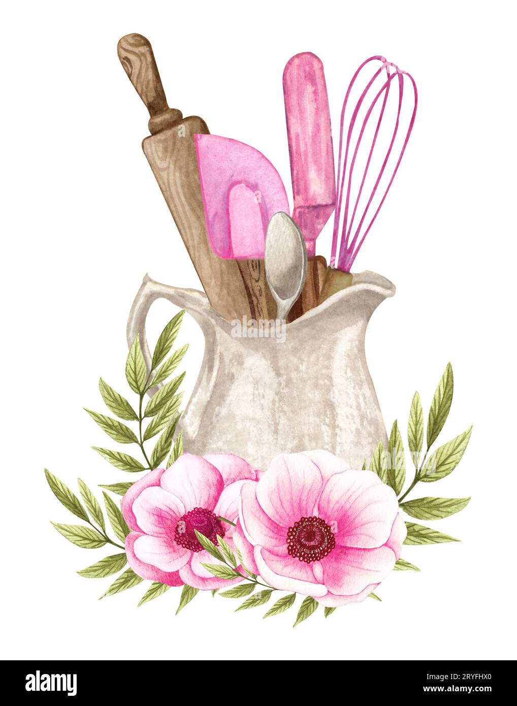 Backen Aquarellillustration mit Küchenutensilien in einem Tonjag, Polling Pin, Schneebesen, Löffel mit rosa Blumen. Handgezeichneter Koch Stockfoto