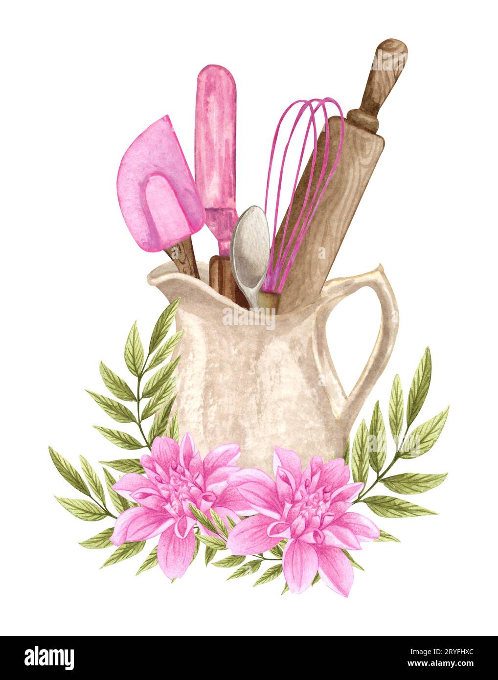 Backen Aquarellillustration mit Küchenutensilien in einem Tonjag, Polling Pin, Schneebesen, Löffel mit rosa Blumen. Handgezeichneter Koch Stockfoto