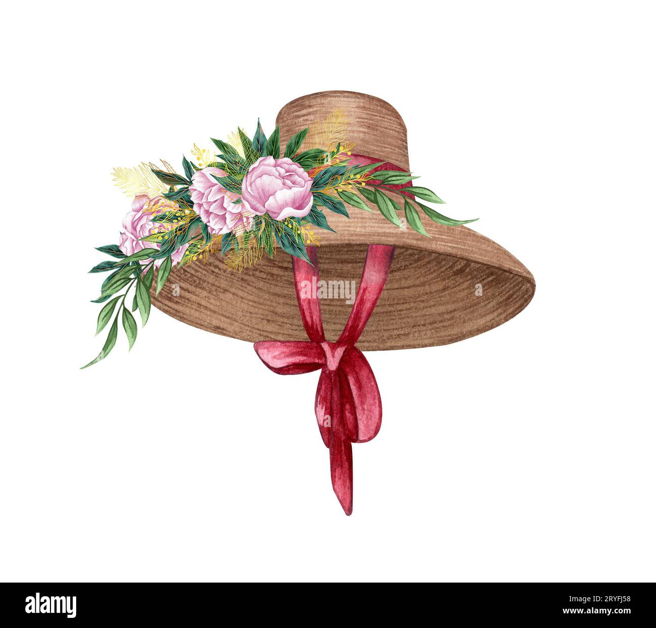 Vintage Aquarellmütze mit Blumen und Schleife Stockfoto