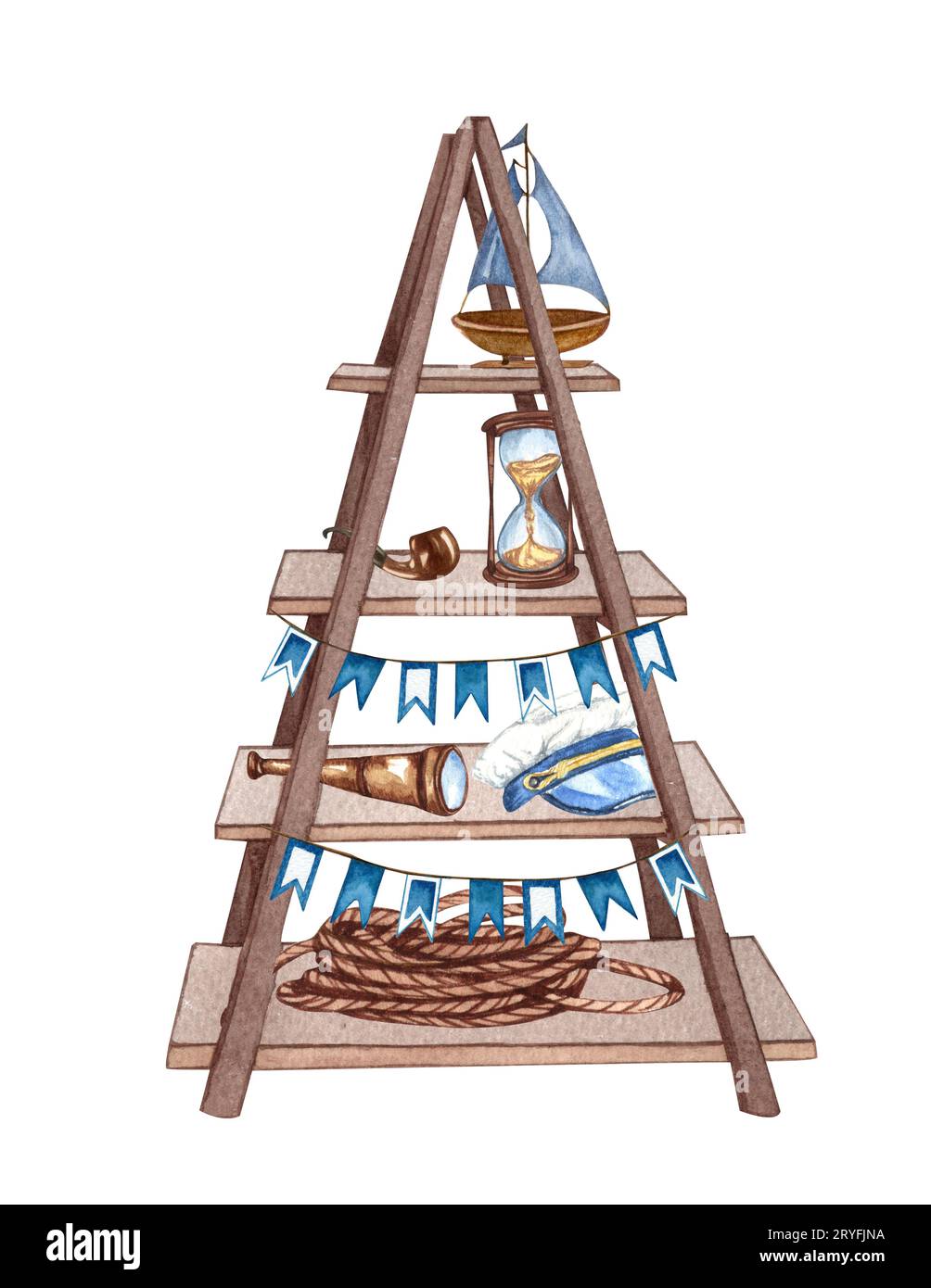 Aquarellillustration des Vintage Holzregals und dekoriert mit vielen Dingen im Marine Stil. Nautischer Clipart. Stockfoto