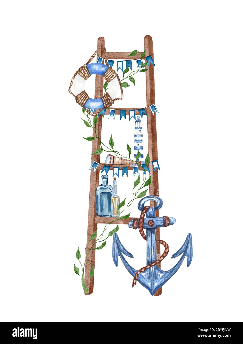 Aquarellillustration des Vintage Holzregals, Leiter und dekoriert mit vielen Dingen im maritimen Stil. Nautischer Clipart. Stockfoto
