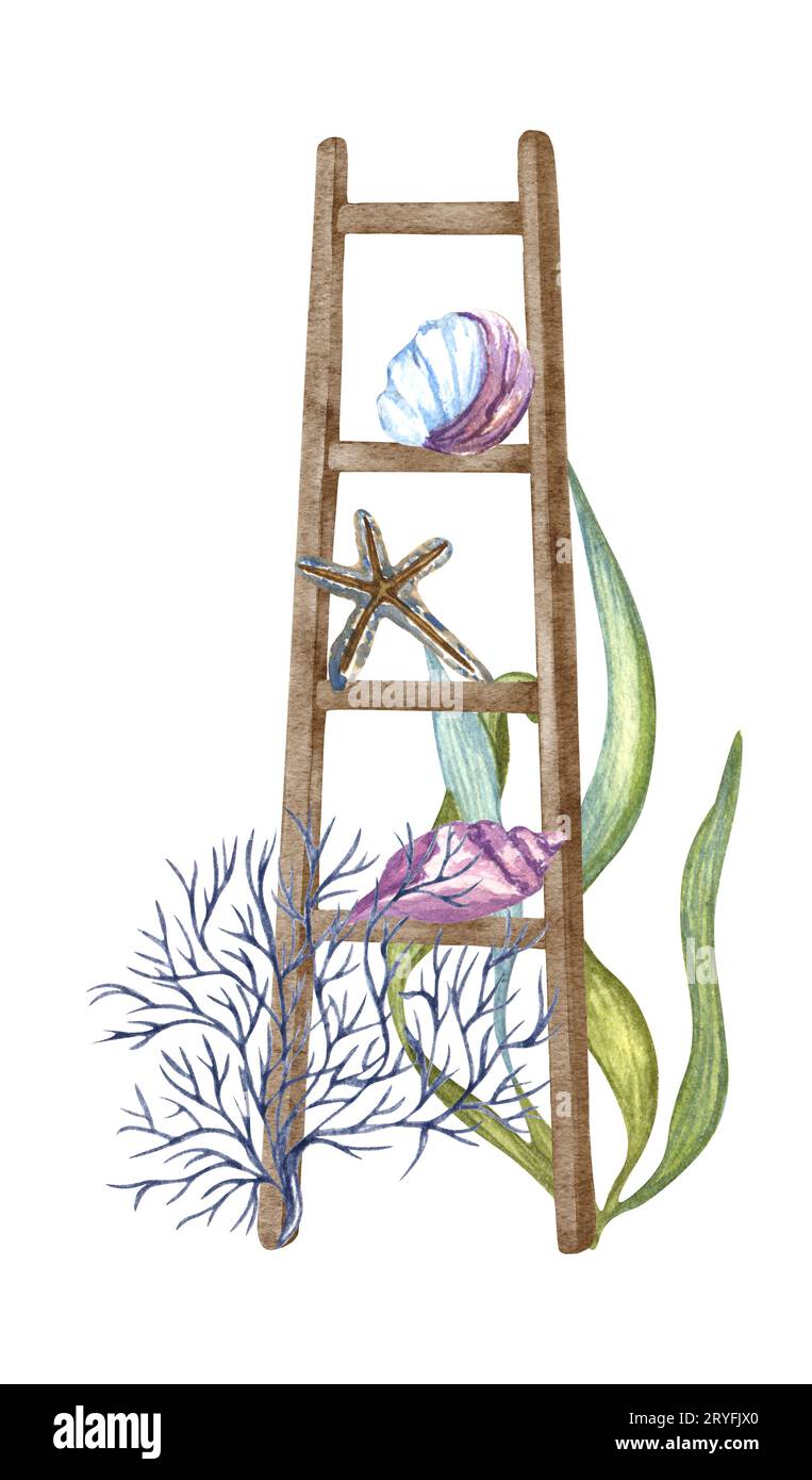 Aquarellillustration des Vintage Holzregals, Leiter und dekoriert mit vielen Dingen im maritimen Stil. Nautischer Clipart. Stockfoto