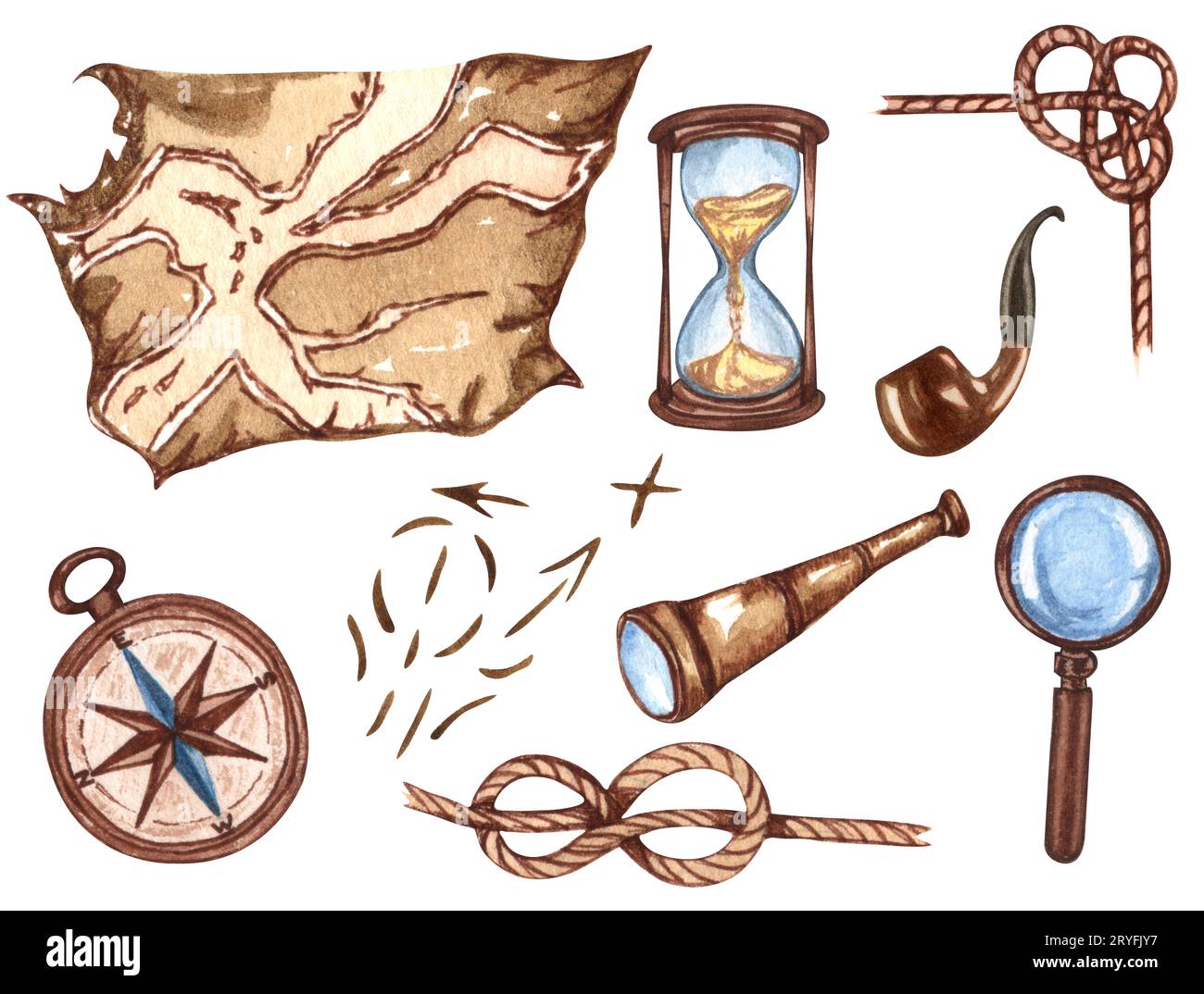 Nautischer Satz verschiedener Elemente. Aquarell-Illustrationen. Stundenglas, Kompass, altes Seil, Vintage-Karte Stockfoto