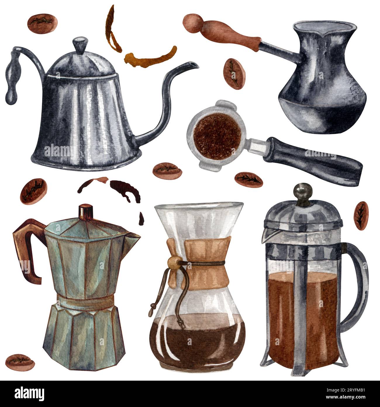 Wasserfarbenkaffee. Kaffeebohnen, Vintage-Kaffeemaschine, Teekanne. Handgezeichneter Kaffee. Ästhetik des Frühstücks. Karten, l Stockfoto