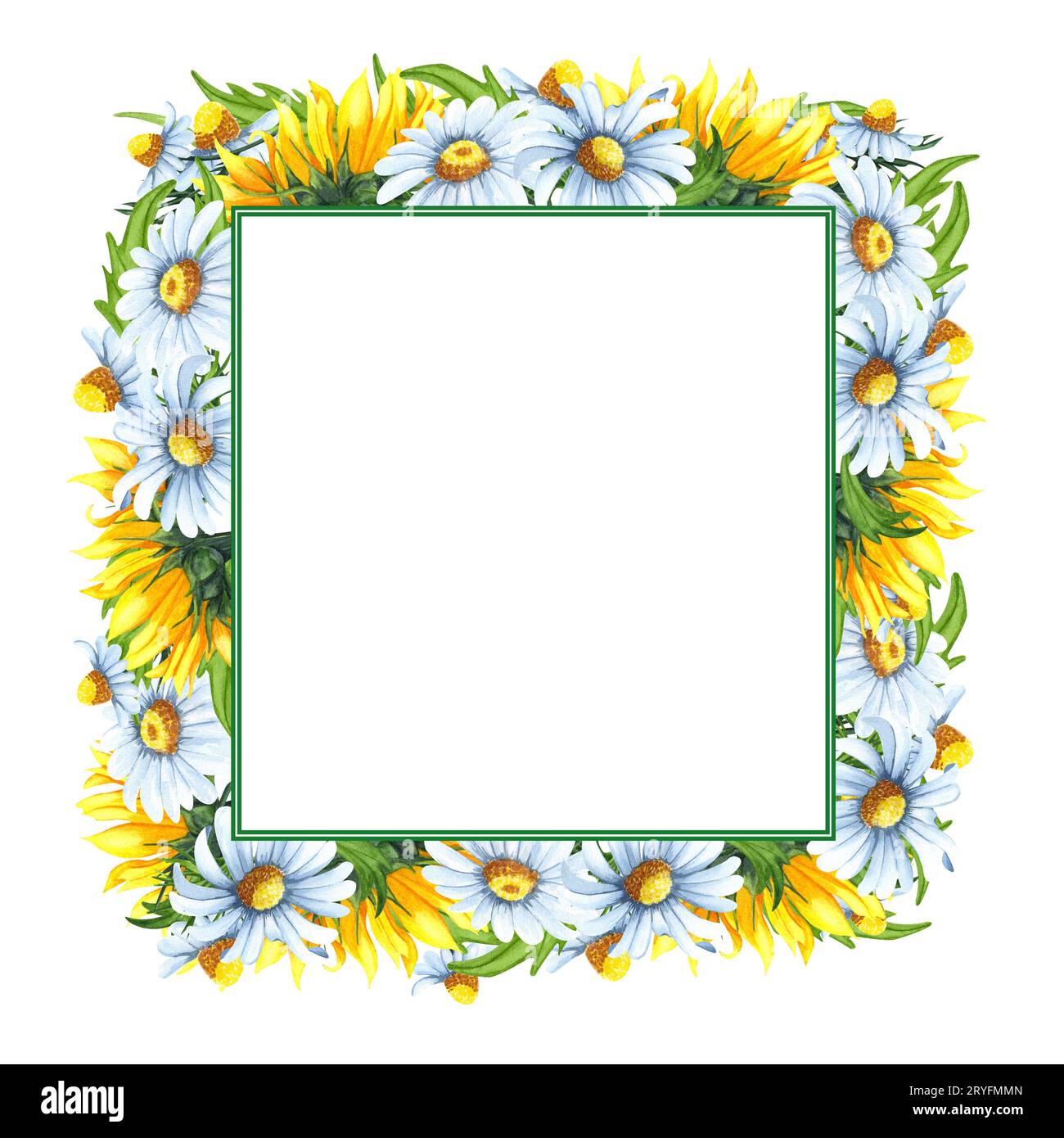 Blumenkranz in Aquarellfarben mit Sonnenblumen, Kamillen, Blättern, Laub, Zweigen, Farnblättern und Platz für Ihren Text. Perfekt für Stockfoto