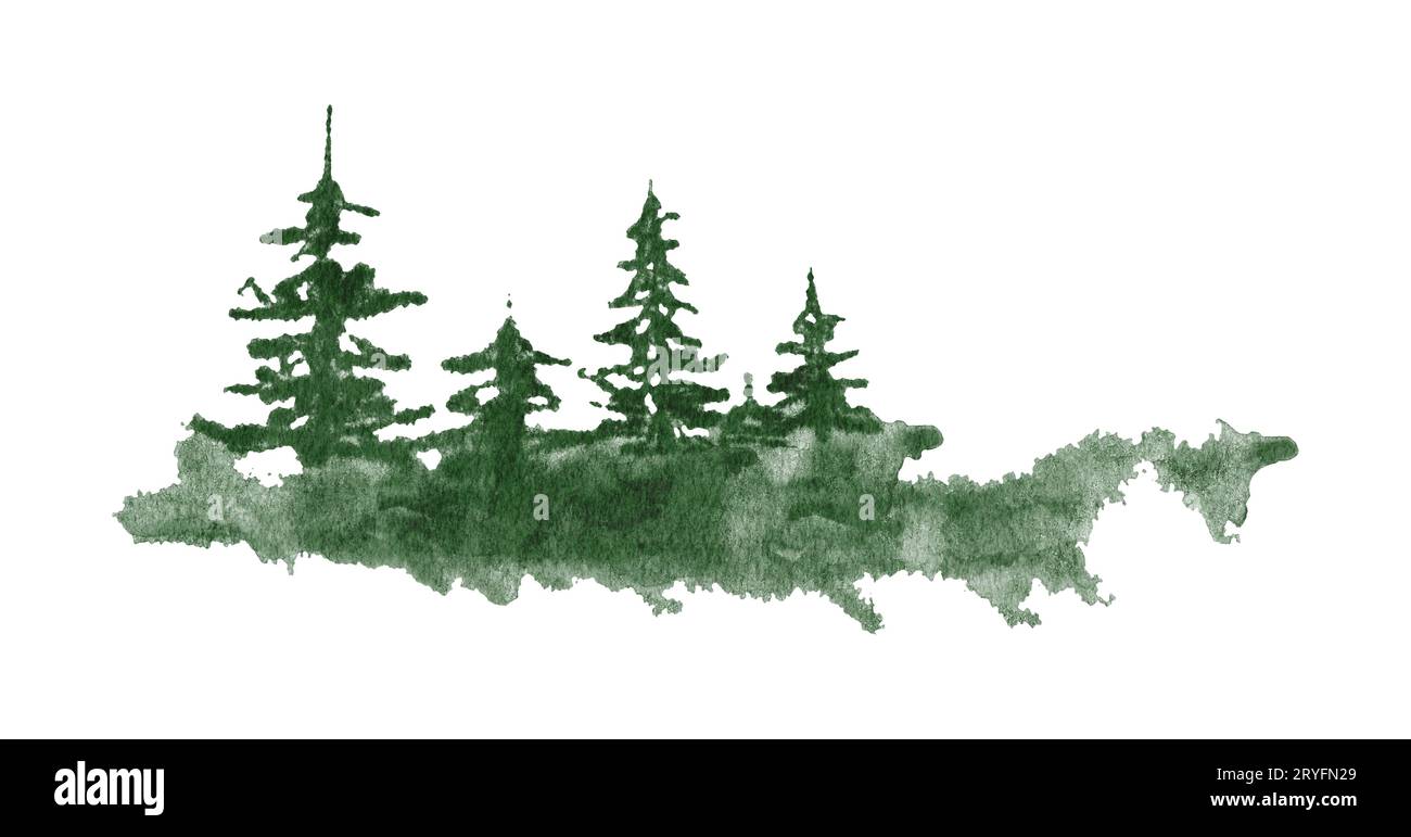 Aquarellhintergrund gezeichnete Landschaft mit nebeligem Wald, Winterhügel. Wilde Natur. Aquarellbaum Stockfoto