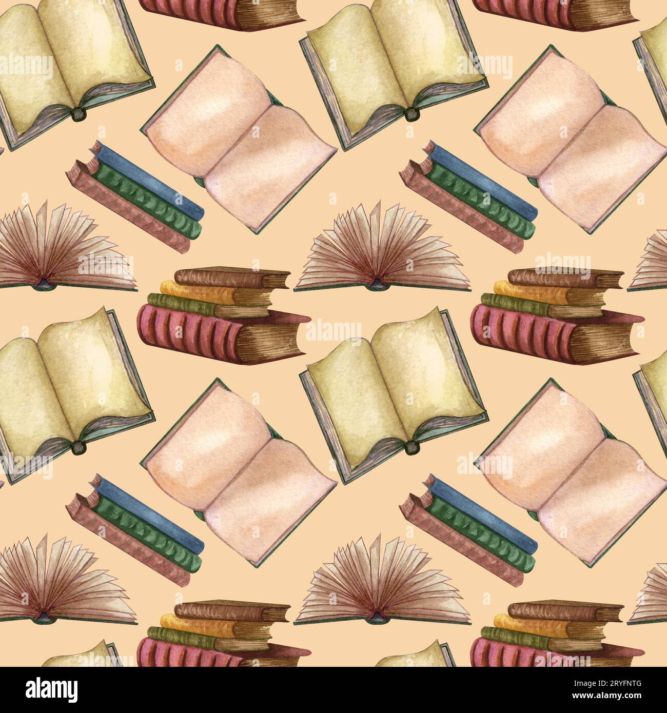 Vintage-Bücher mit Aquarellen, offenes Buch und Illustrationen mit Tintenstiften. Seltene Elemente, handgezeichnetes nahtloses Muster Stockfoto