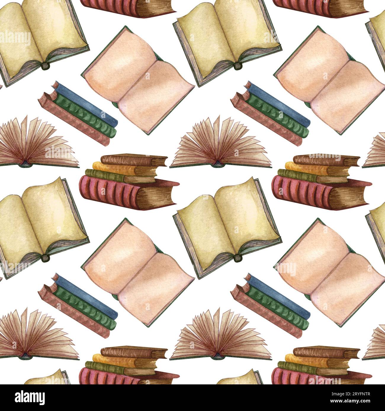 Vintage-Bücher mit Aquarellen, offenes Buch und Illustrationen mit Tintenstiften. Seltene Elemente, handgezeichnetes nahtloses Muster Stockfoto