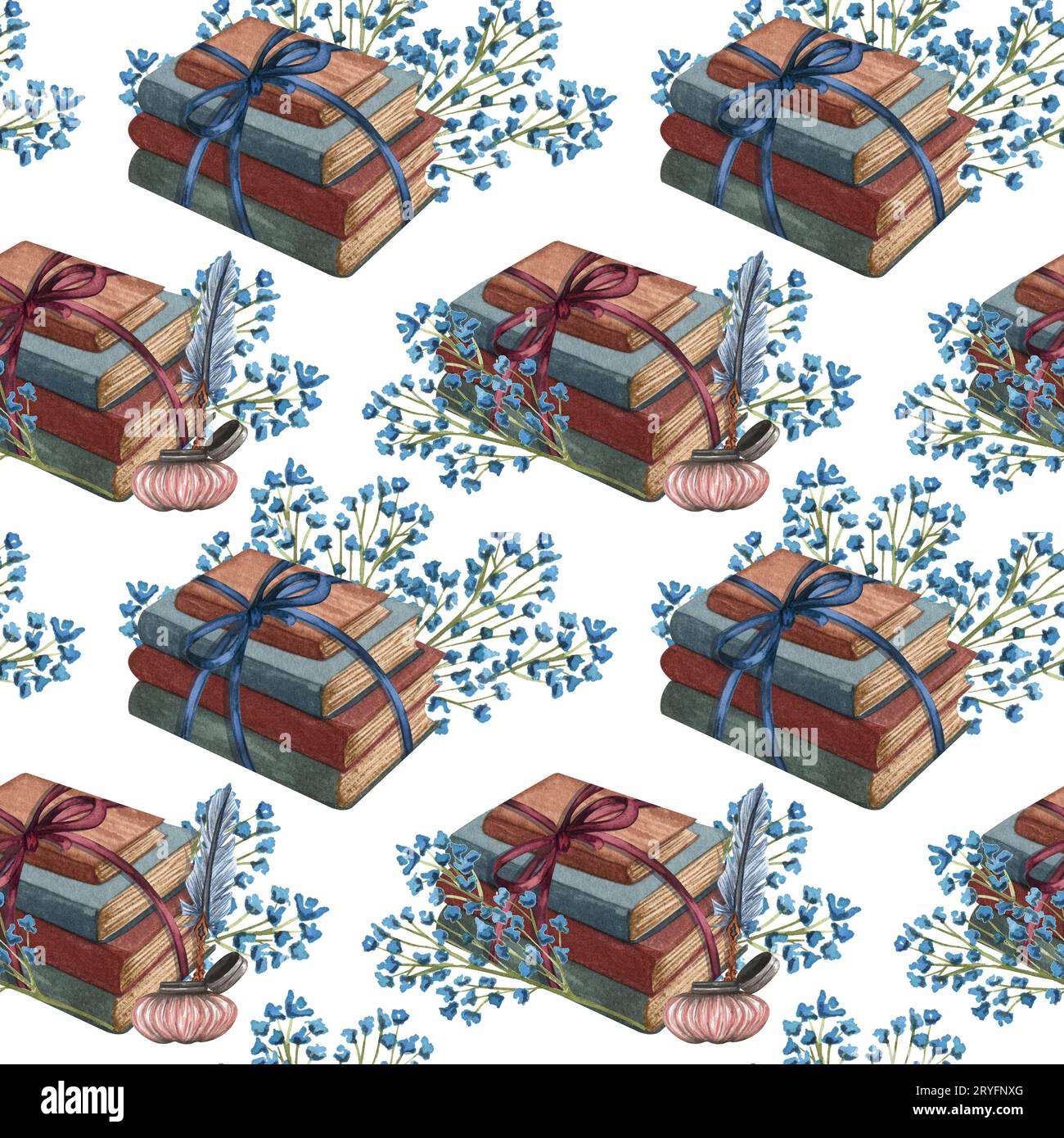 Vintage-Bücher mit Aquarellen, offenes Buch und Illustrationen mit Tintenstiften. Seltene Elemente, handgezeichnetes nahtloses Muster Stockfoto