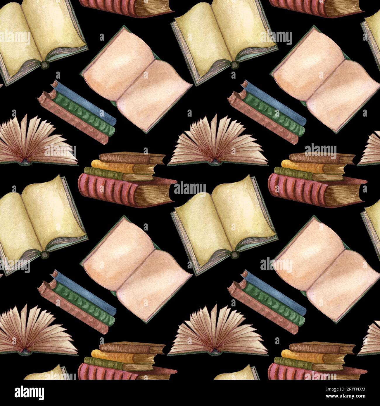 Vintage-Bücher mit Aquarellen, offenes Buch und Illustrationen mit Tintenstiften. Seltene Elemente, handgezeichnetes nahtloses Muster Stockfoto