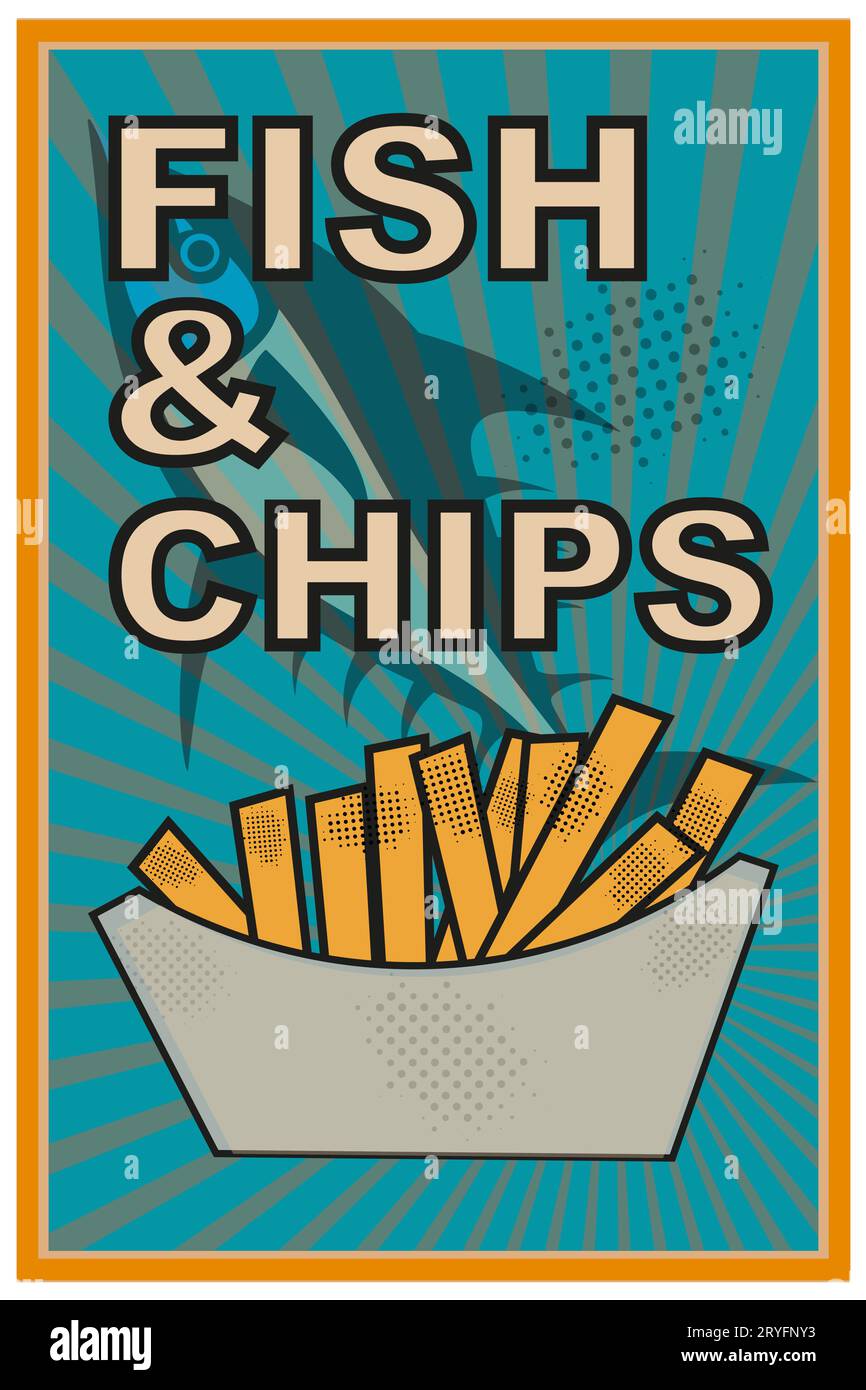 Poster im Retro-Stil mit Fisch und Chips Stock Vektor