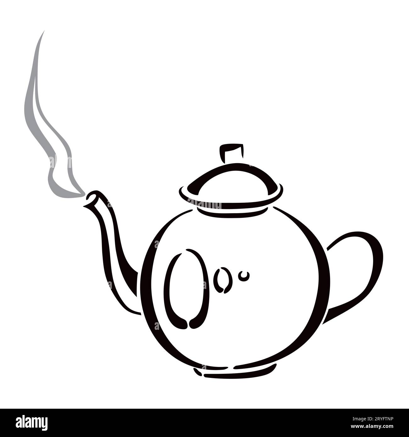 Einfache schwarze Skizze von altmodischem Teekessel isoliert auf weiß Stockfoto