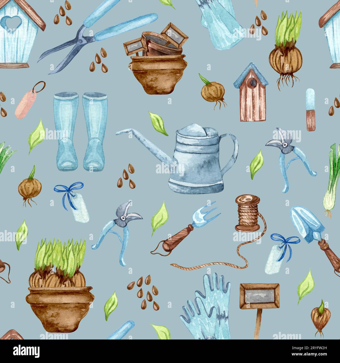 Aquarell nahtloses Muster von Gartenwerkzeug und Topfpflanzen. Gartenarbeit Hintergrund Stockfoto