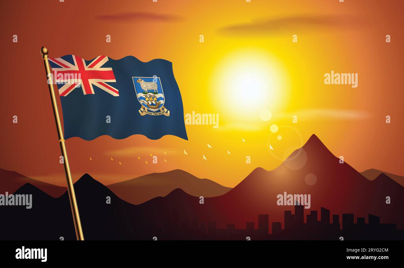 Flagge der Falklandinseln mit Sonnenuntergang im Hintergrund von Bergen und Seen Stock Vektor