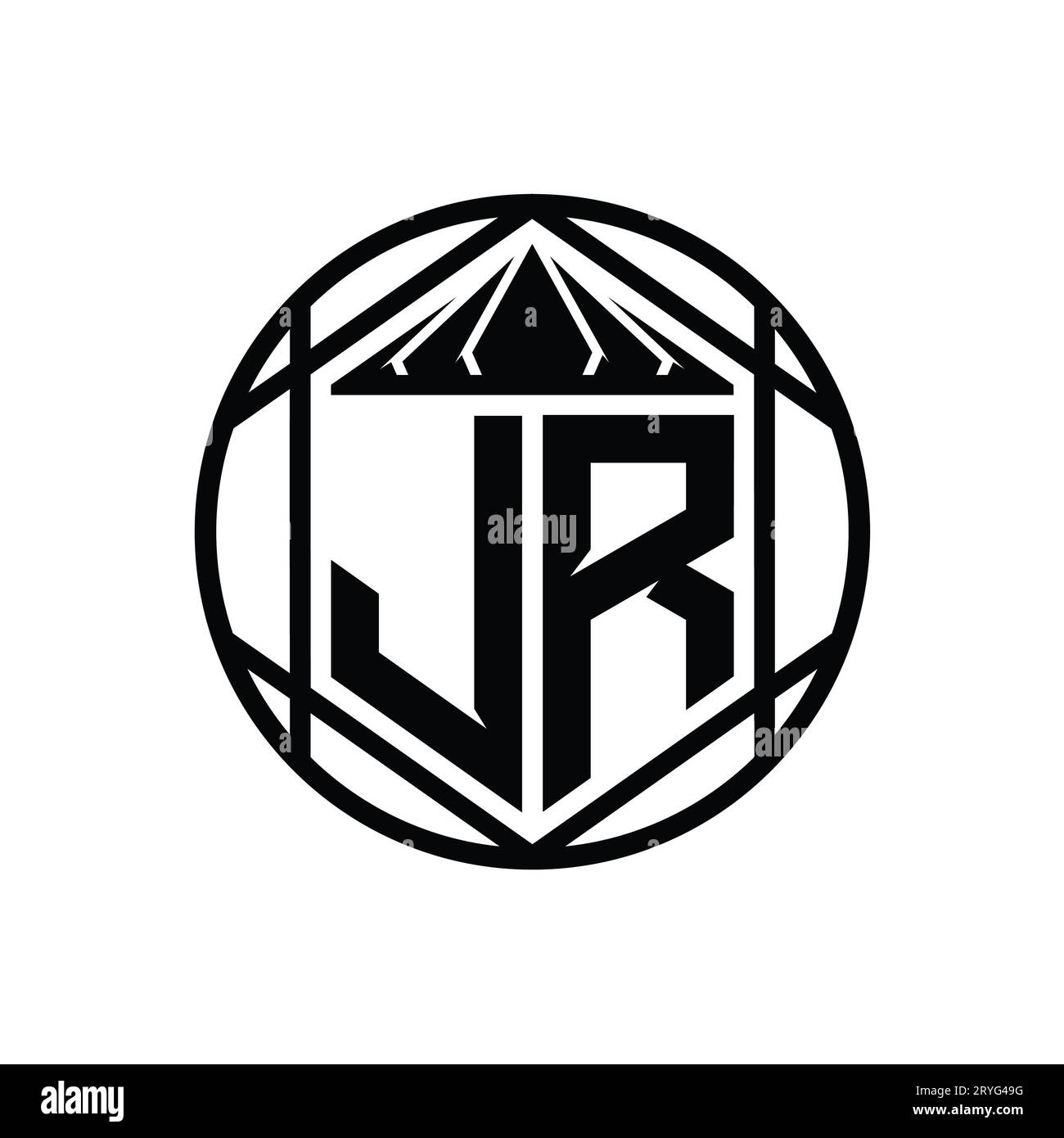JR Letter Logo Monogramm Sechseckrone scharfe Schildform isolierter Kreis abstrakte Design-Vorlage Stockfoto