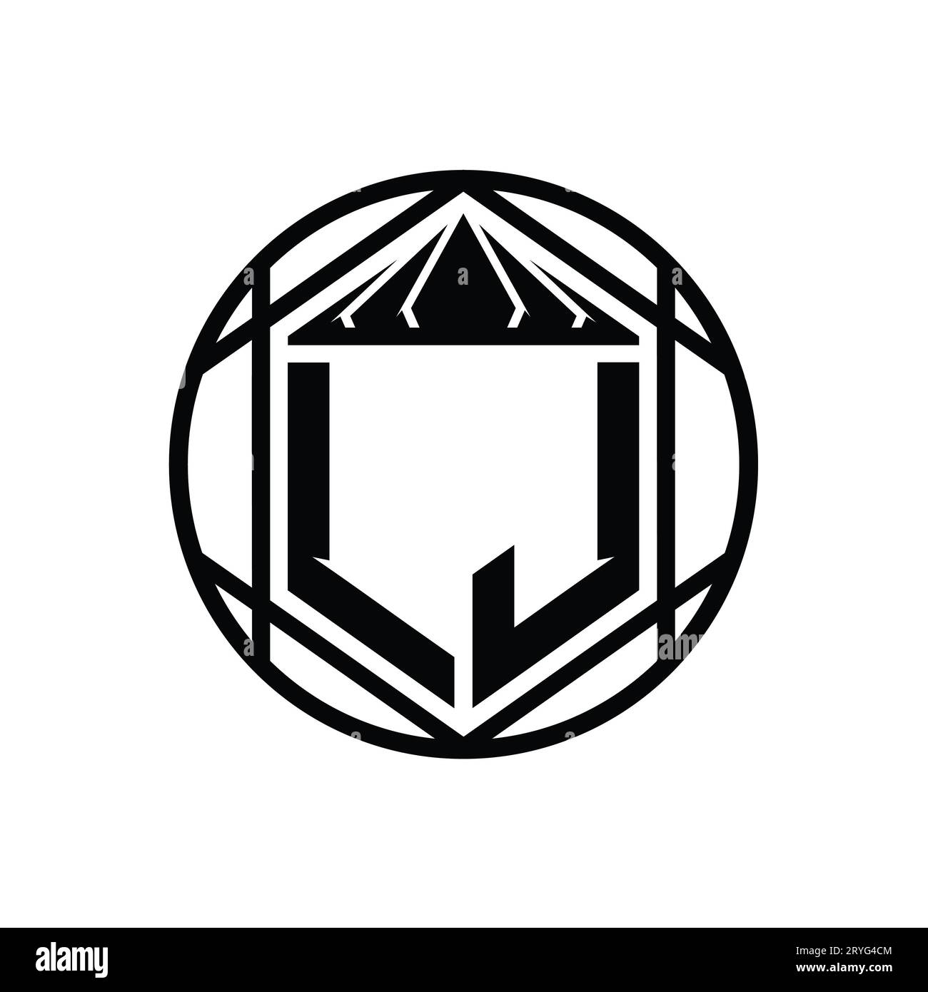 LJ Letter Logo Monogramm Sechseckrone scharfe Schildform isolierter Kreis abstrakte Designvorlage Stockfoto