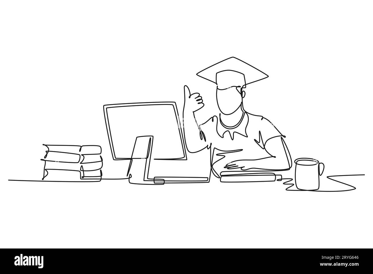 Einzeilige Zeichnung junger glücklicher männlicher Student, der vor dem Computer studiert, und gibt Daumen nach oben Geste. Konzept für Absolventinnen und Absolventen Modernes c Stockfoto