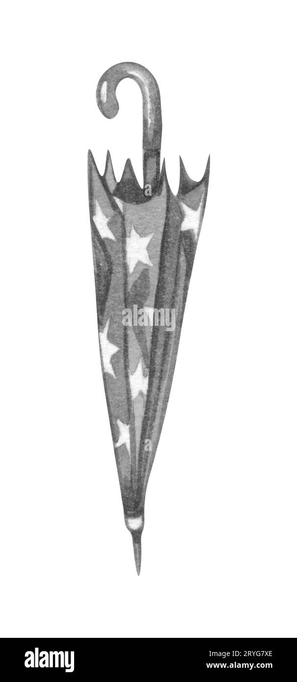 . Regenschirm mit Wasserfarben im Herbst. Geschlossener Regenschirm. Designvorlage für Etikett, Banner, Karte. Stockfoto