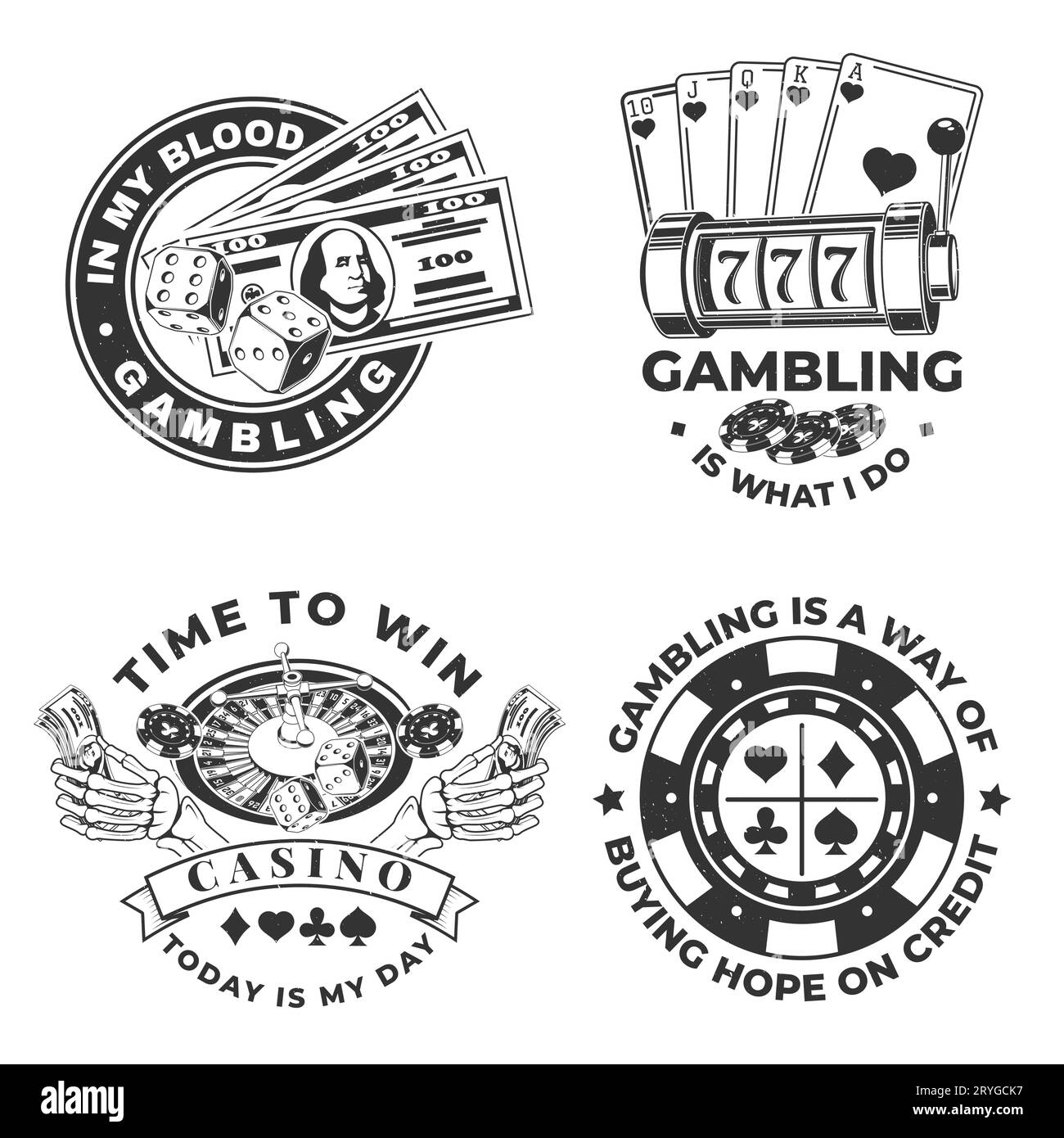 Set aus Vintage-Druck, Logo, Abzeichen mit Glücksrad, zwei Würfel, Skelett-Hand-Halten Dollar, Poker-Spielkarte Silhouette. Vektor Stock Vektor