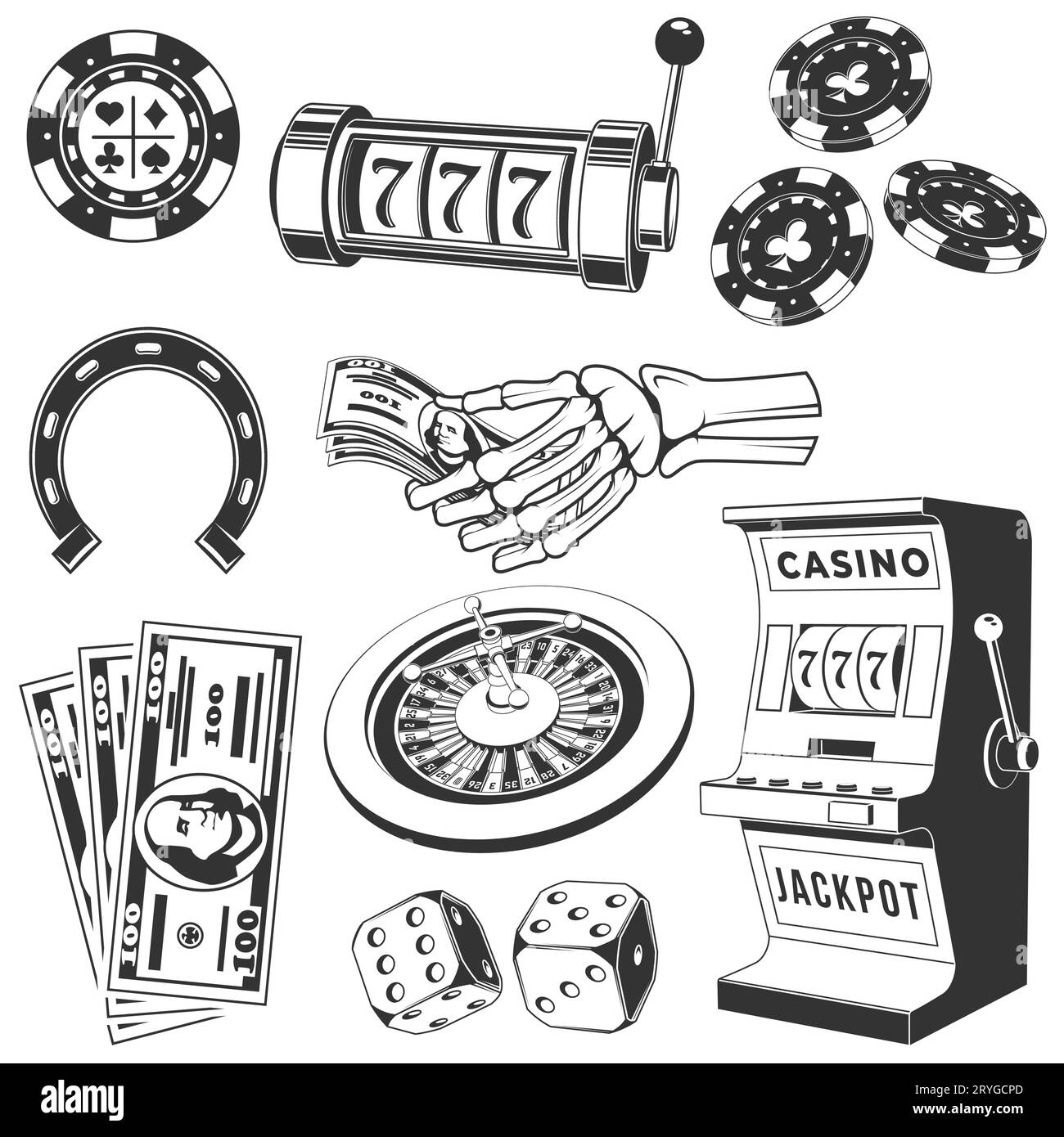 Vintage Casino- und Spieltools und Elemente-Silhouetten im monochromen Stil isoliert. Vektor. Set enthält Skelett-Hand-Halten-Dollar Stock Vektor