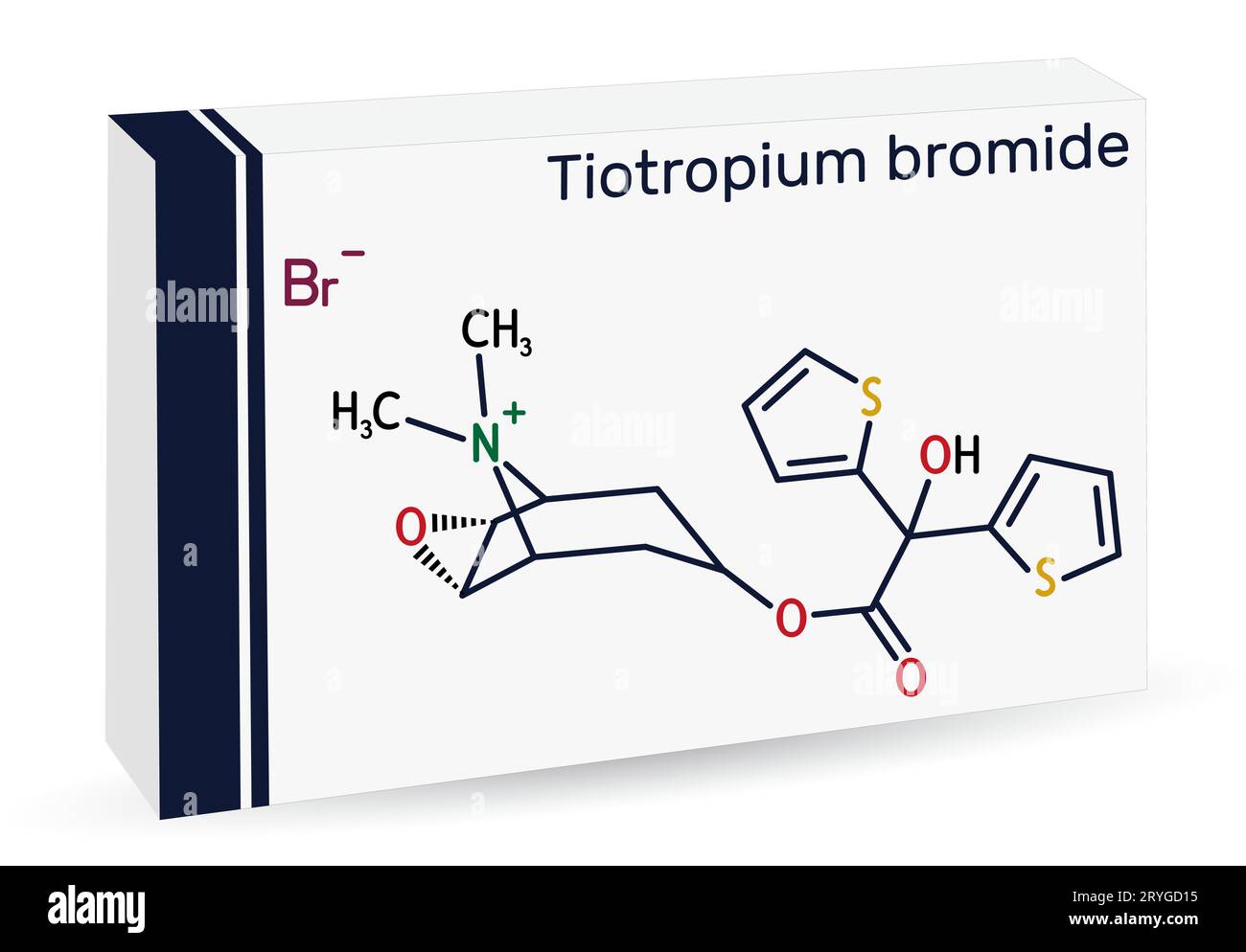 Tiotropiumbromid-Molekül. Die chemische Formel des Skeletts. Papierverpackungen für Medikamente. Stock Vektor