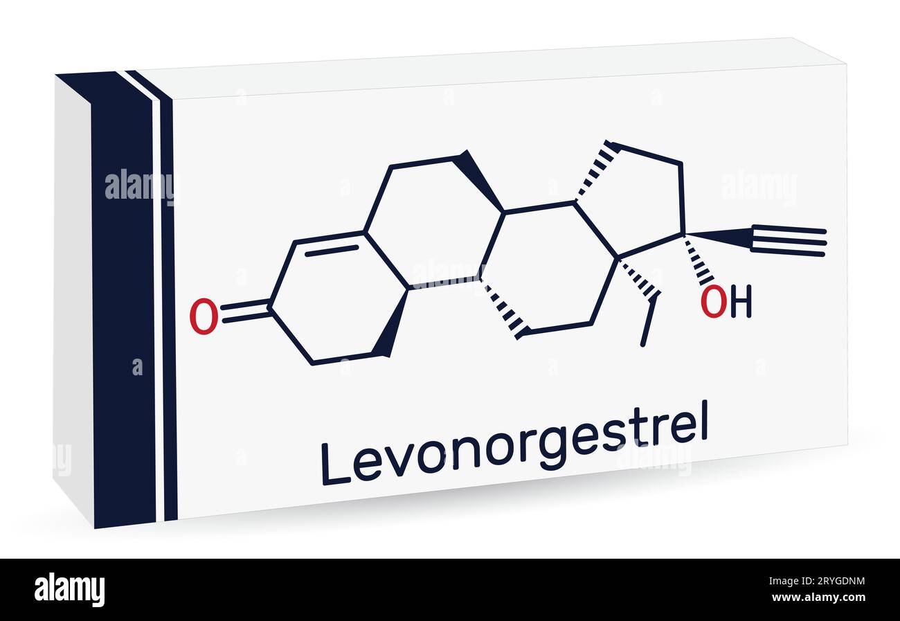 Levonorgestrel-Progestin-Molekül. Es ist synthetisches Gestagen, Verhütungsmittel. Die chemische Formel des Skeletts. Papierverpackungen für Medikamente. Stock Vektor