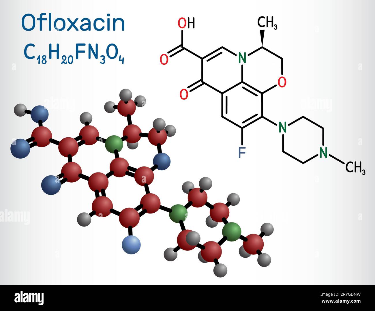 Ofloxacin-Fluorchinolon-Molekül. Es ist Chinolon-Antibiotikum, antibakterielle Droge. Strukturelle chemische Formel und Molekülmodell. Stock Vektor