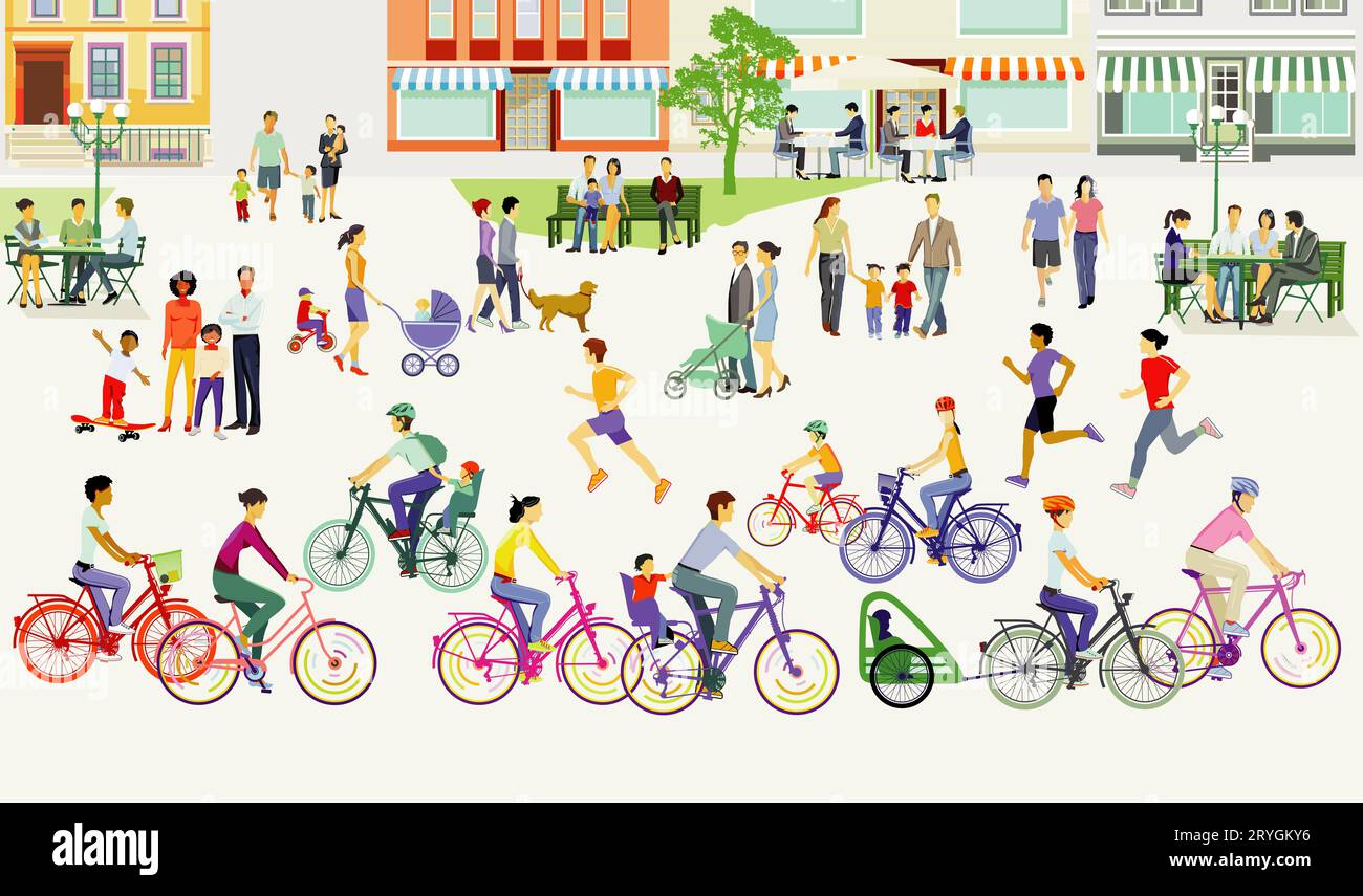 Stadtübersicht und Gruppen von Personen mit Familien, Eltern und Kindern, Illustration Stockfoto