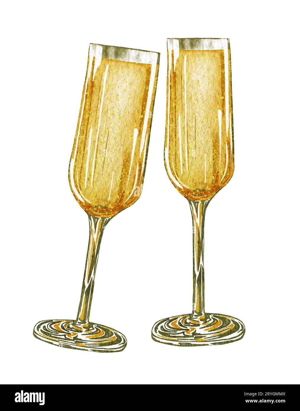 Sektgläser mit Wasserfarben. Weißer Sekt, alkoholische Getränke-Illustration auf weißem Hintergrund Stockfoto