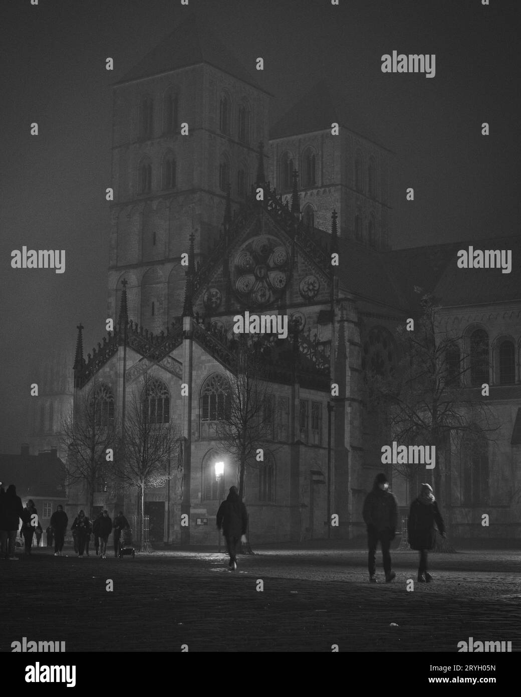 Graustufenaufnahme des Münsterer Doms (St.-Paulus-Dom) in einer nebligen Nacht. Deutschland Stockfoto