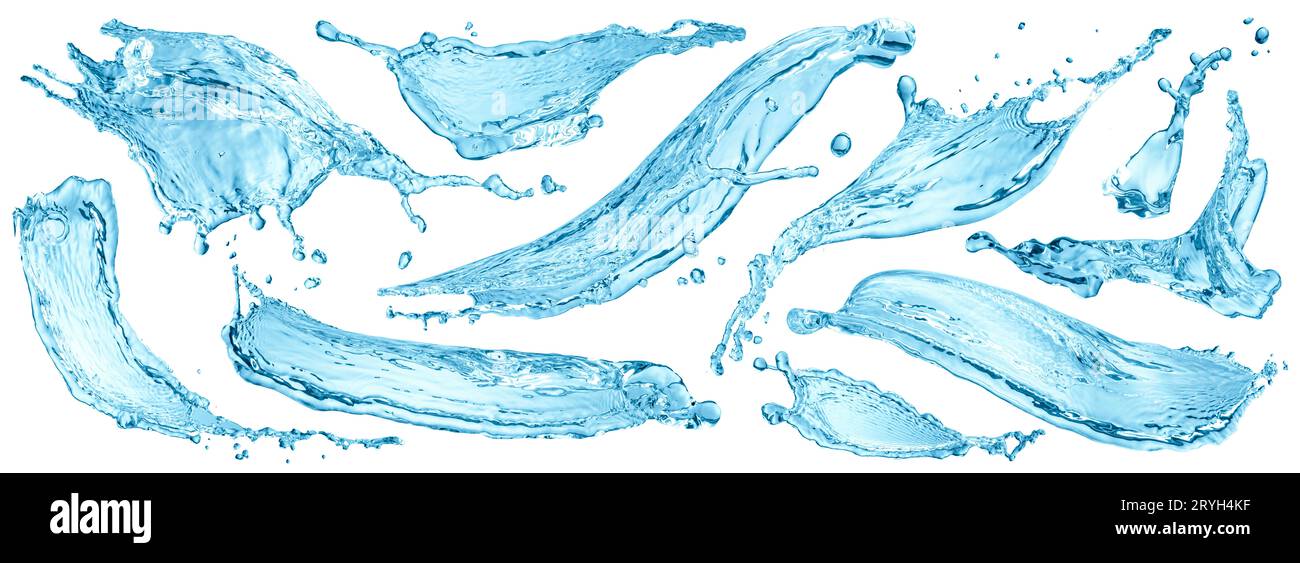 Wasserspritzer isoliert auf weißem Hintergrund, Sammlung Stockfoto