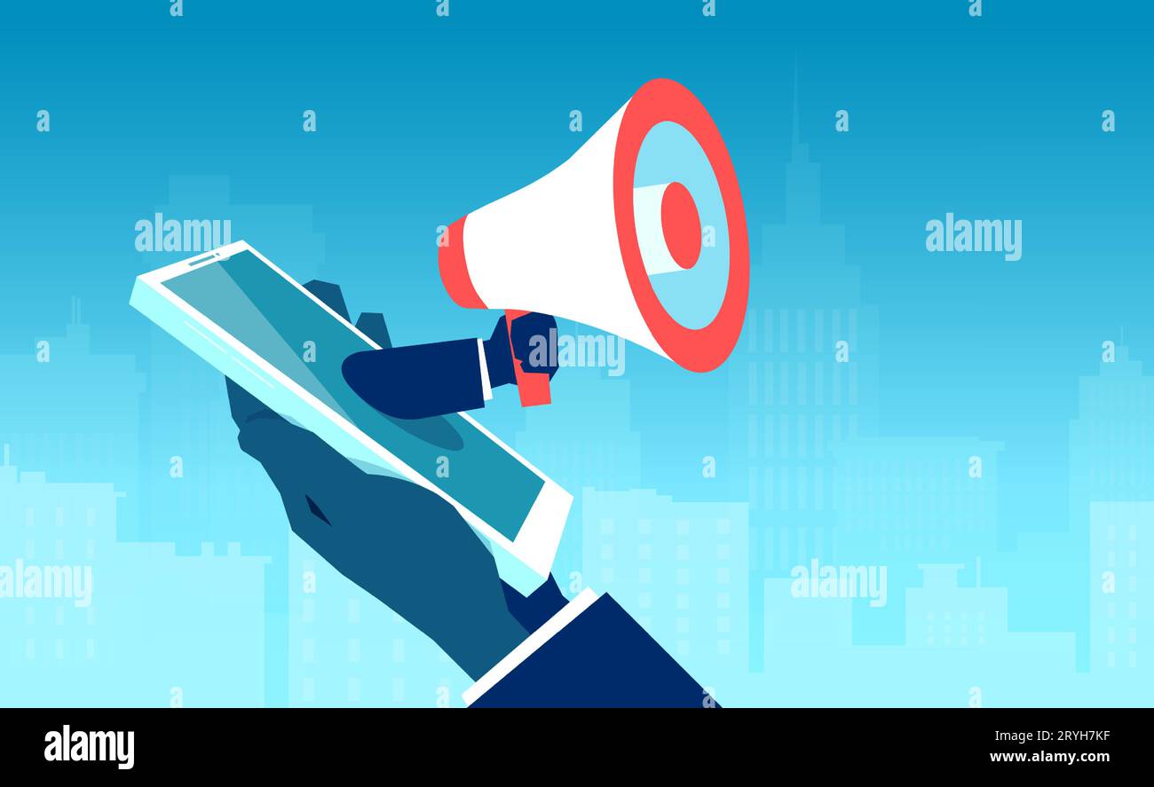 Vektor eines Geschäftsmannes, der ein Smartphone mit einem Megaphon hält, das aus dem Bildschirm kommt und eine Ankündigung macht Stock Vektor