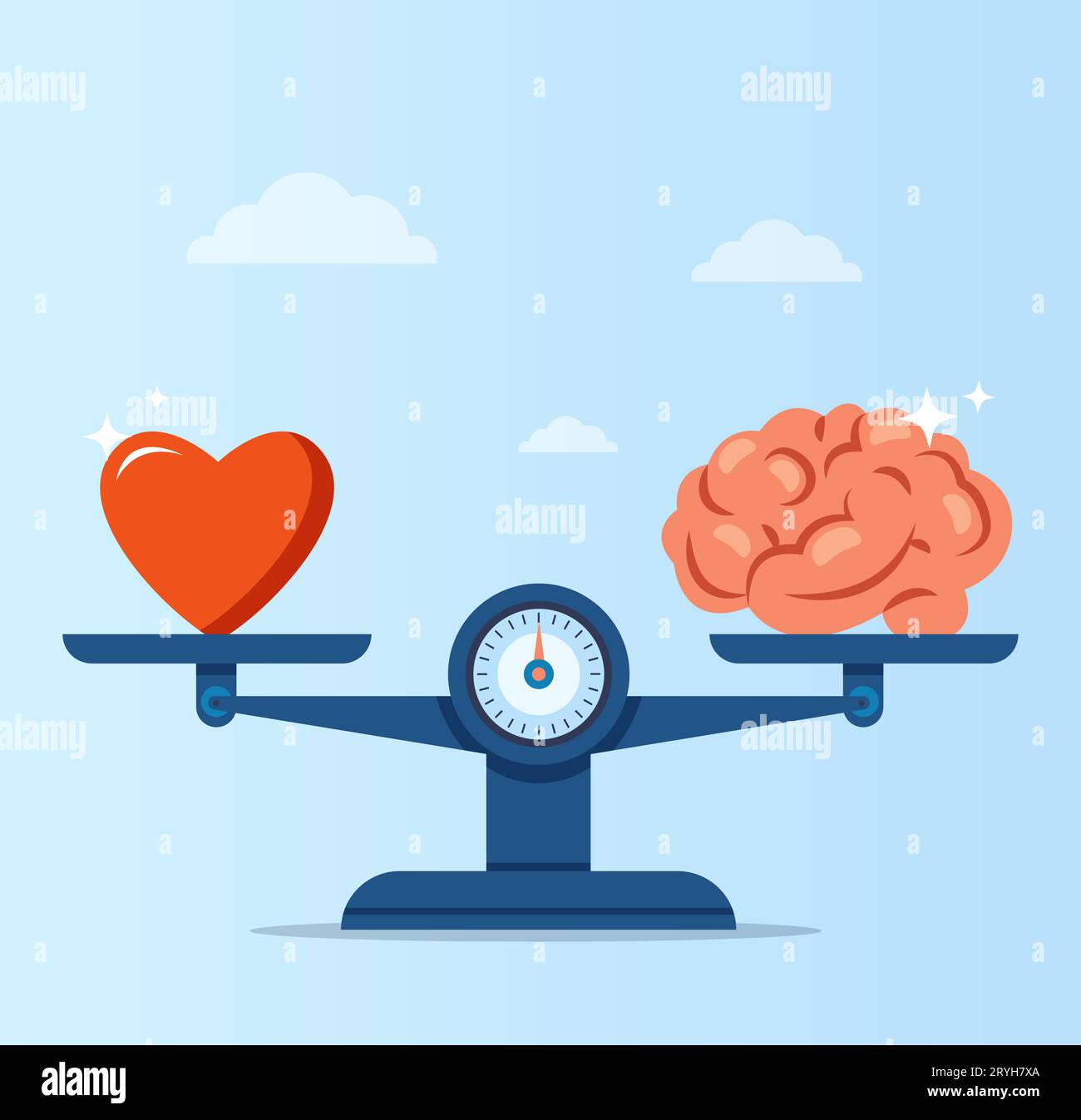 Vektor eines Herzens und eines menschlichen Gehirns auf Skalen. Konzept der emotionalen Intelligenz, Balance von Gefühlen und Intelligenz, Logik Stock Vektor