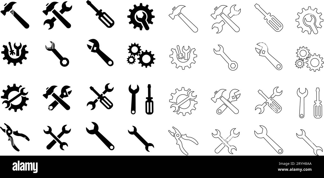 Werkzeuge und Service-Symbole flach und zeilenweise angeordnet. Schraubenschlüssel, Schraubendreher und Zahnradsymbol. Schraubendreher- und Schraubenschlüsselsymbol. Einstellungen und Reparatur, Service-Schild Stock Vektor