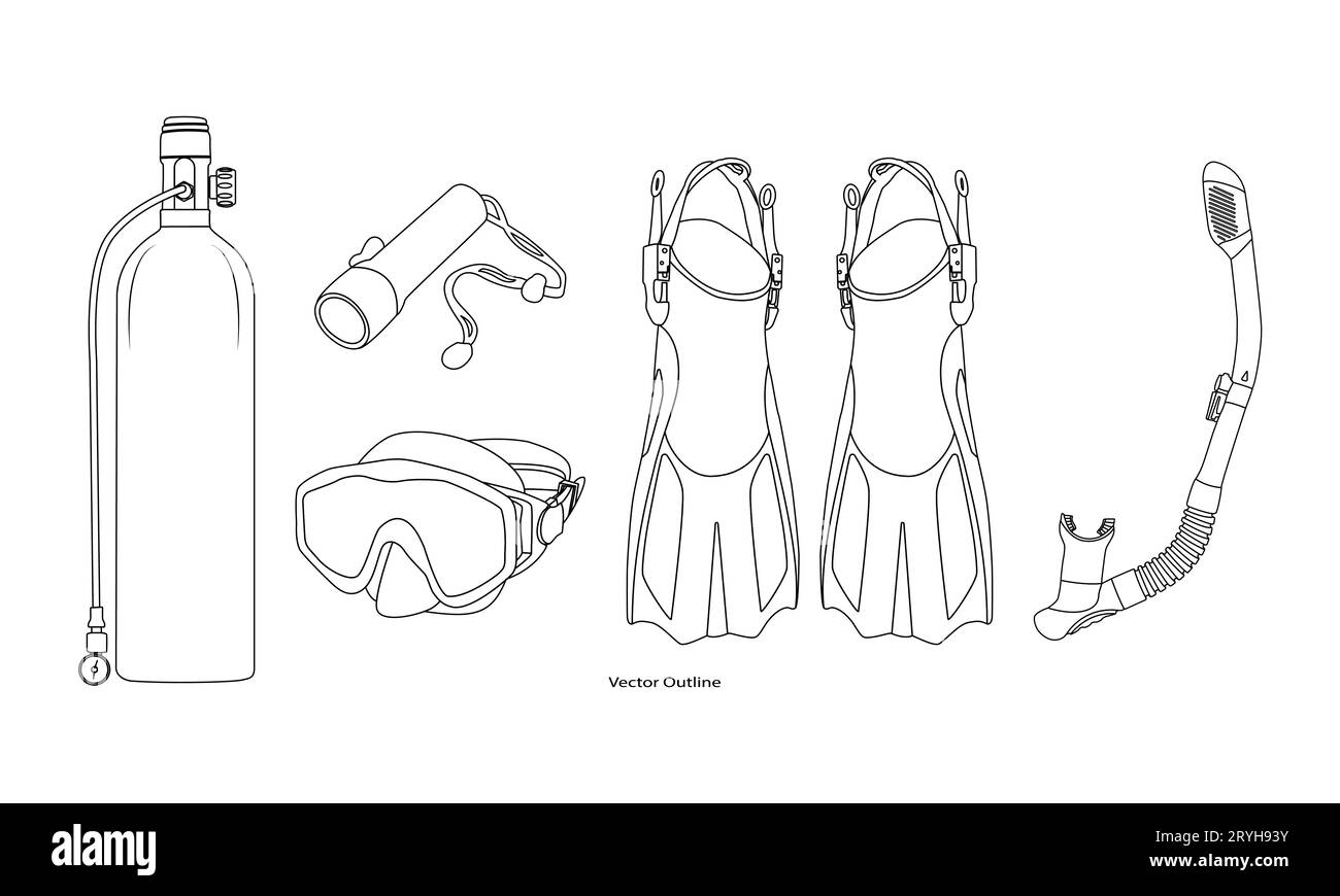 Tauchausrüstung Schnorchelmasken, Scuba Diver Tools of Different Design, isoliert auf weißem Hintergrund, Icons, Vektor-Illustration. Stock Vektor