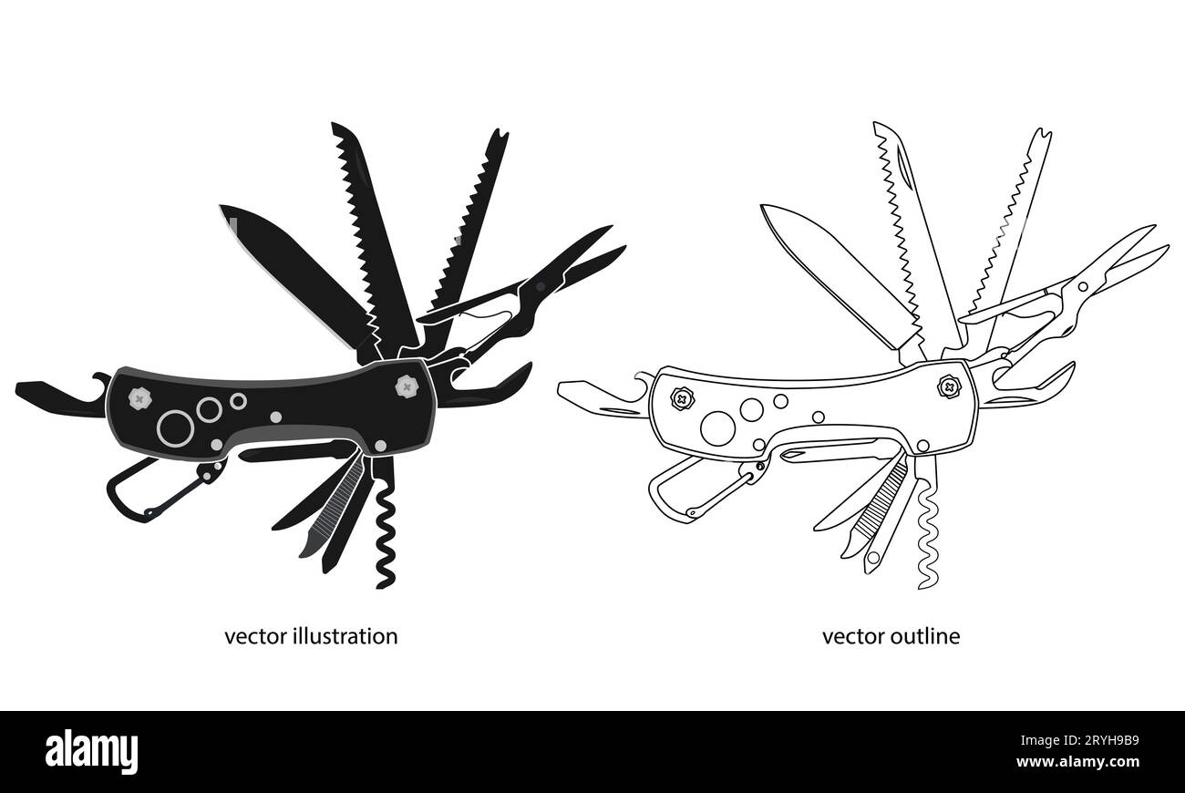 Taschenmesser Symbol, Kontursymbol, Multi-Tool-Messer der Vektorillustration isoliert auf weißem Hintergrund. Stock Vektor