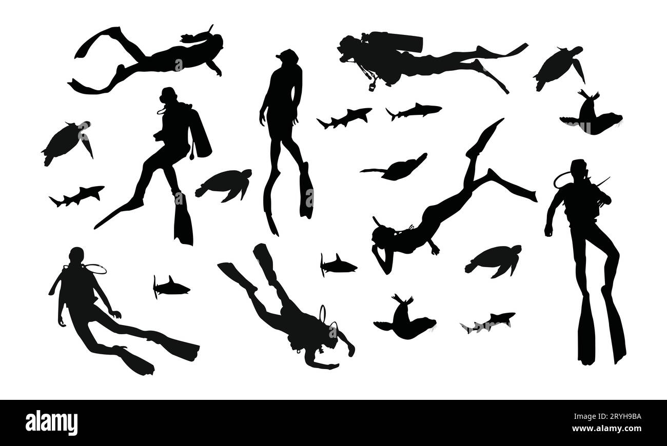 Scuba Diving Silhouette Vektor Illustration isoliert auf weißem Hintergrund. Sport unter Wasser, See, Meer, Handschuh und Taschenlampe, Maske und Schnorchel. Stock Vektor