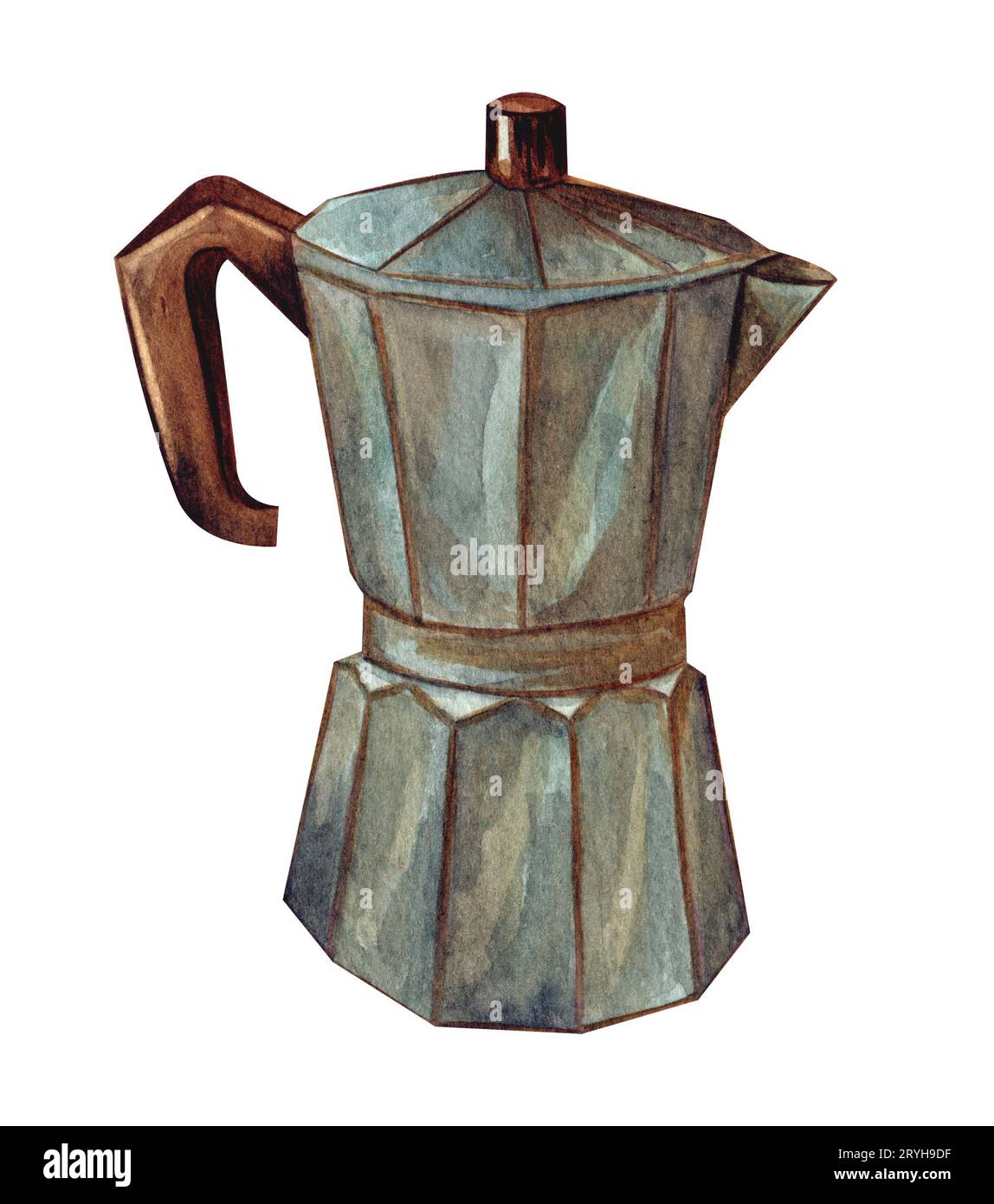 Handgefüllte Kaffeekocher. Espresso und Moka Pot Watercolor Clipart Element. Italienischer Kaffeekanne. Küchenutensilien. Stockfoto