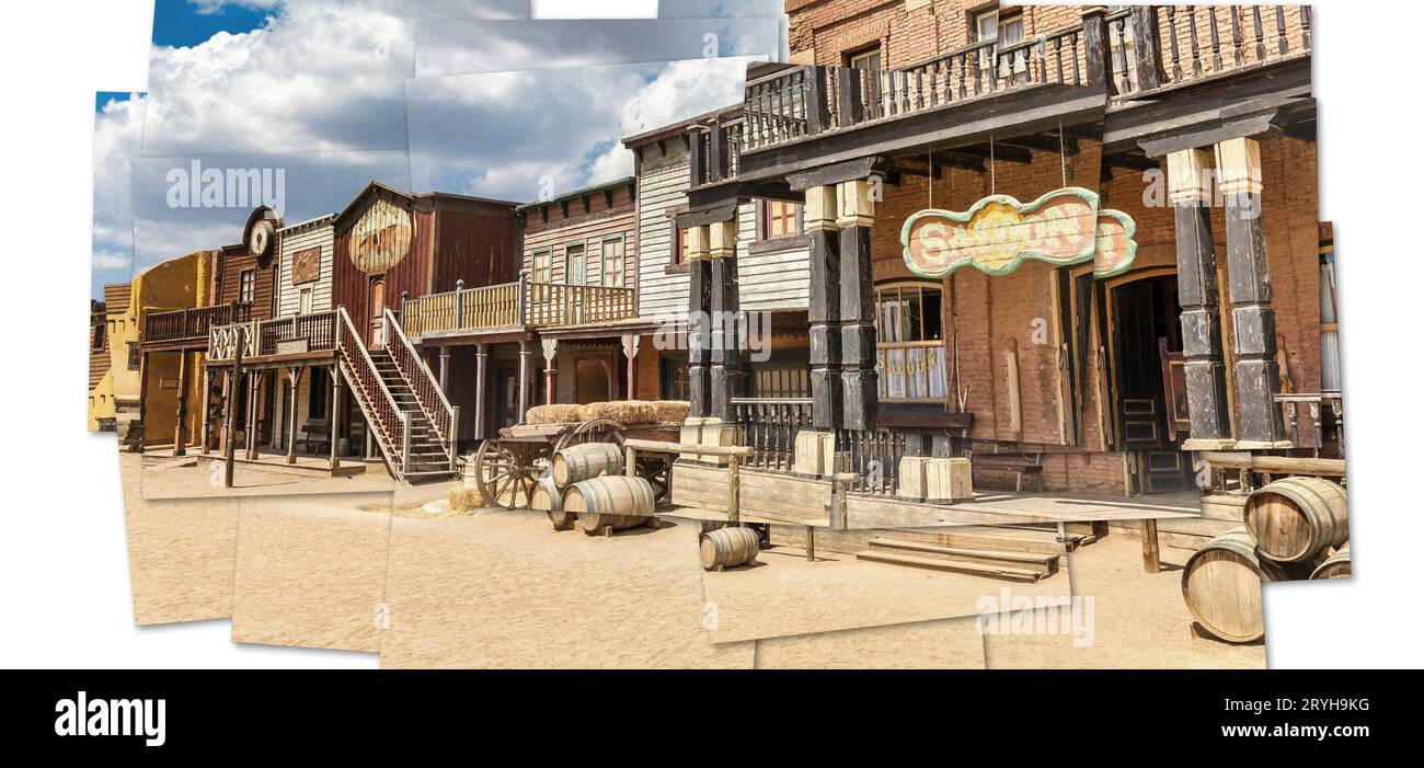 Kreatives Bild des Wilden Westens mit alten Gebäuden und Salon. Stockfoto