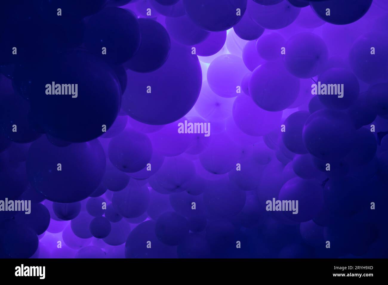 Violetter Hintergrund mit fliegenden Ballons – klares Design, abstraktes realistisches 3D-Banner. Stockfoto