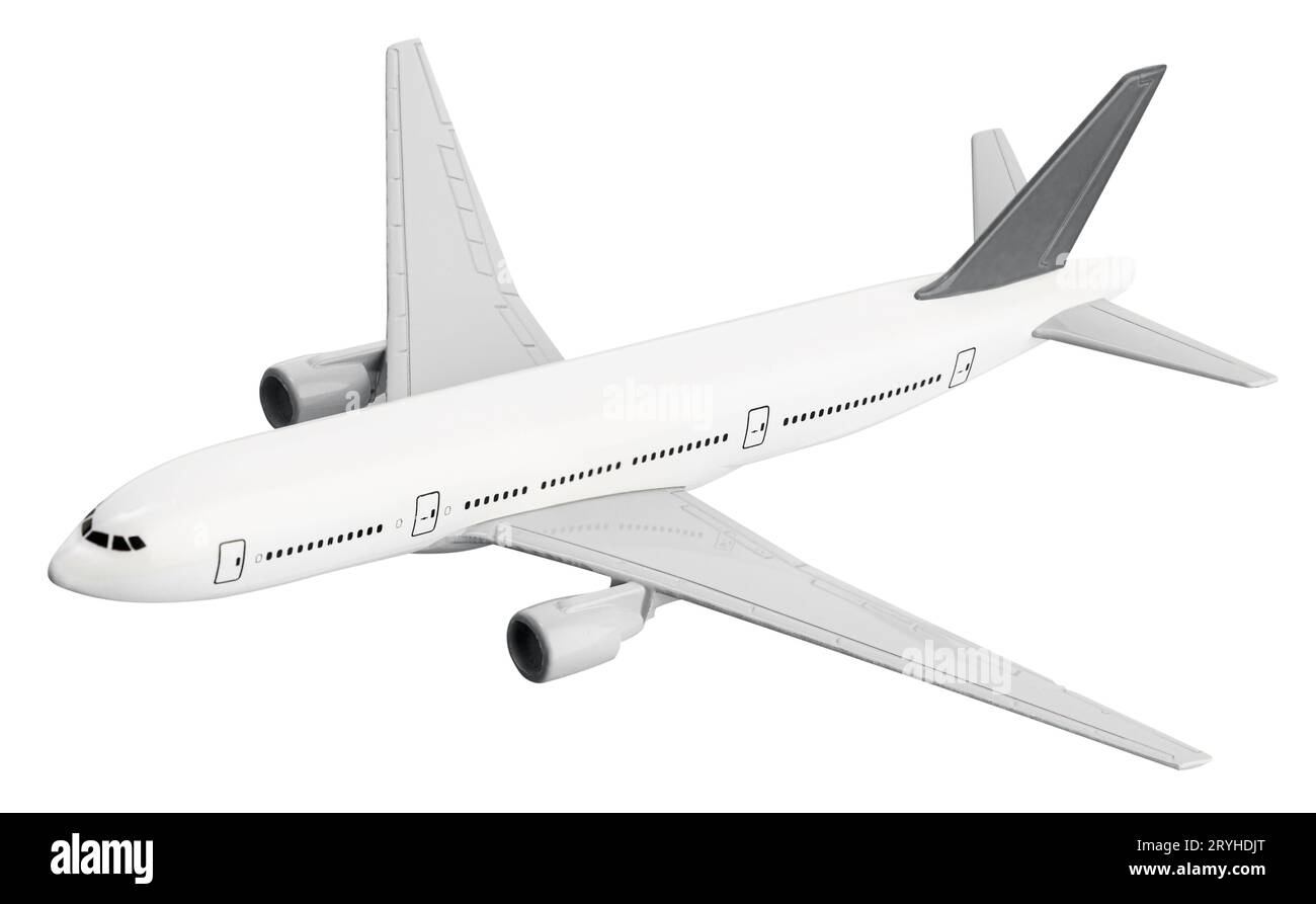 Leeres Modell Flugzeug isoliert auf weißem Hintergrund. Weiß-graue Miniatur für Passagierflugzeuge Stockfoto