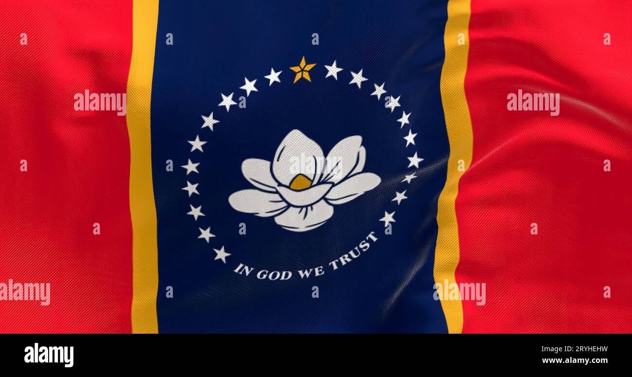 Nahaufnahme der Mississippi-Staatsflagge, die im Wind flattert Stockfoto
