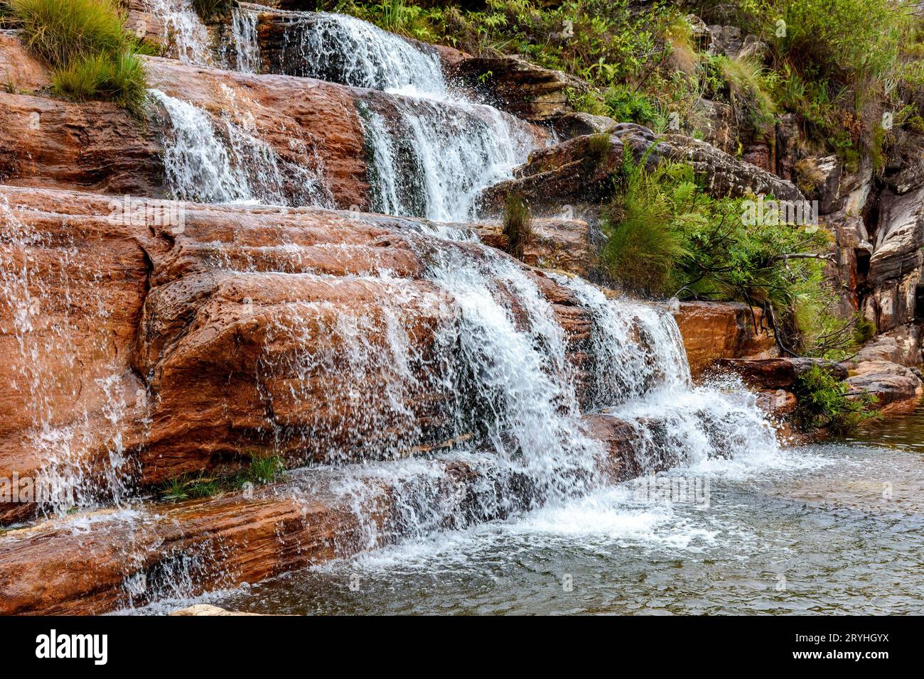 Kleiner Wasserfall über den Felsen und zwischen der Vegetation Stockfoto
