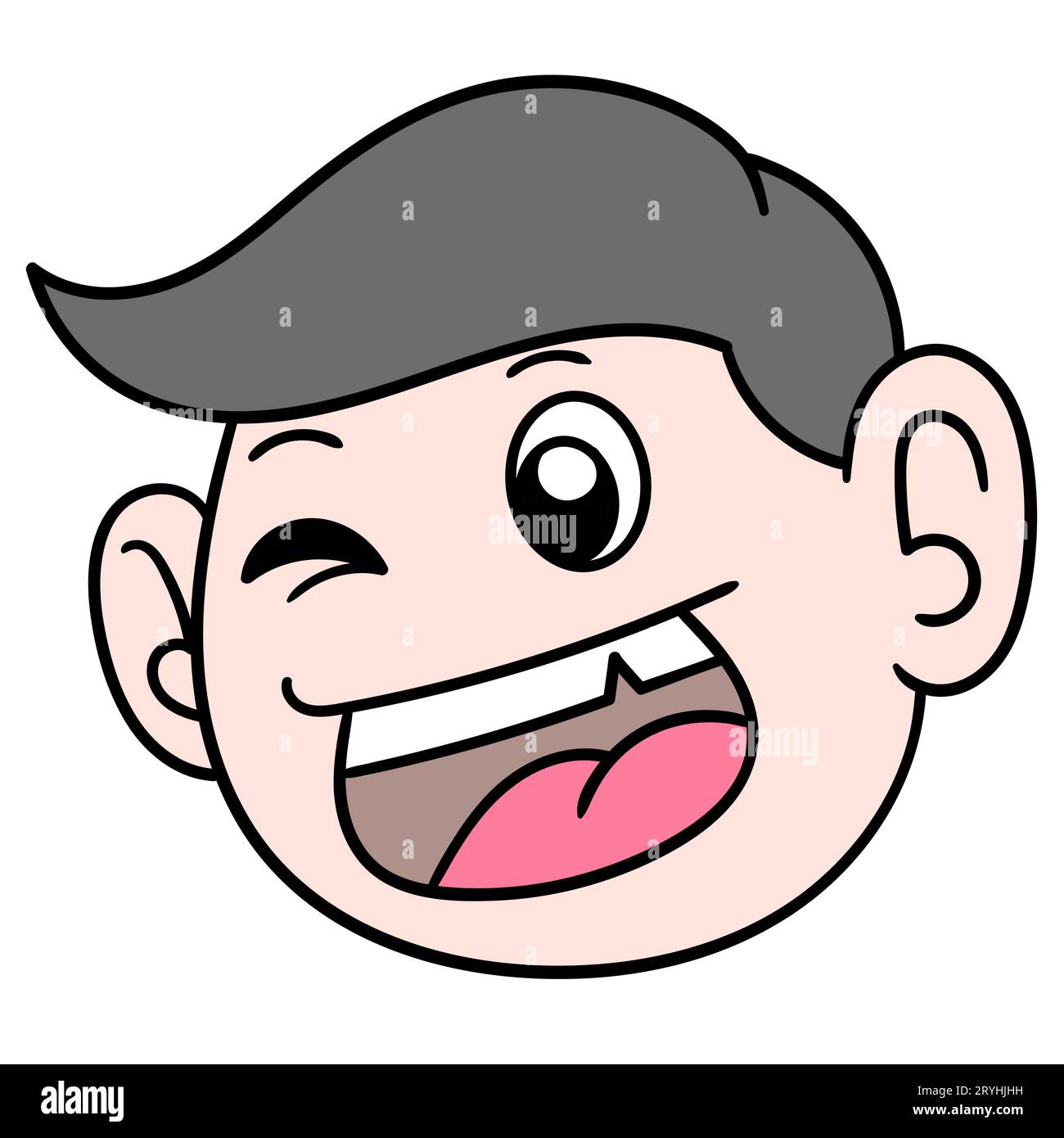 Schwarz behaarter gutaussehender Boykopf mit einem glücklichen Lächeln, Vektorillustration Karton Emoticon. Zeichnung mit Doodle-Symbol Stockfoto