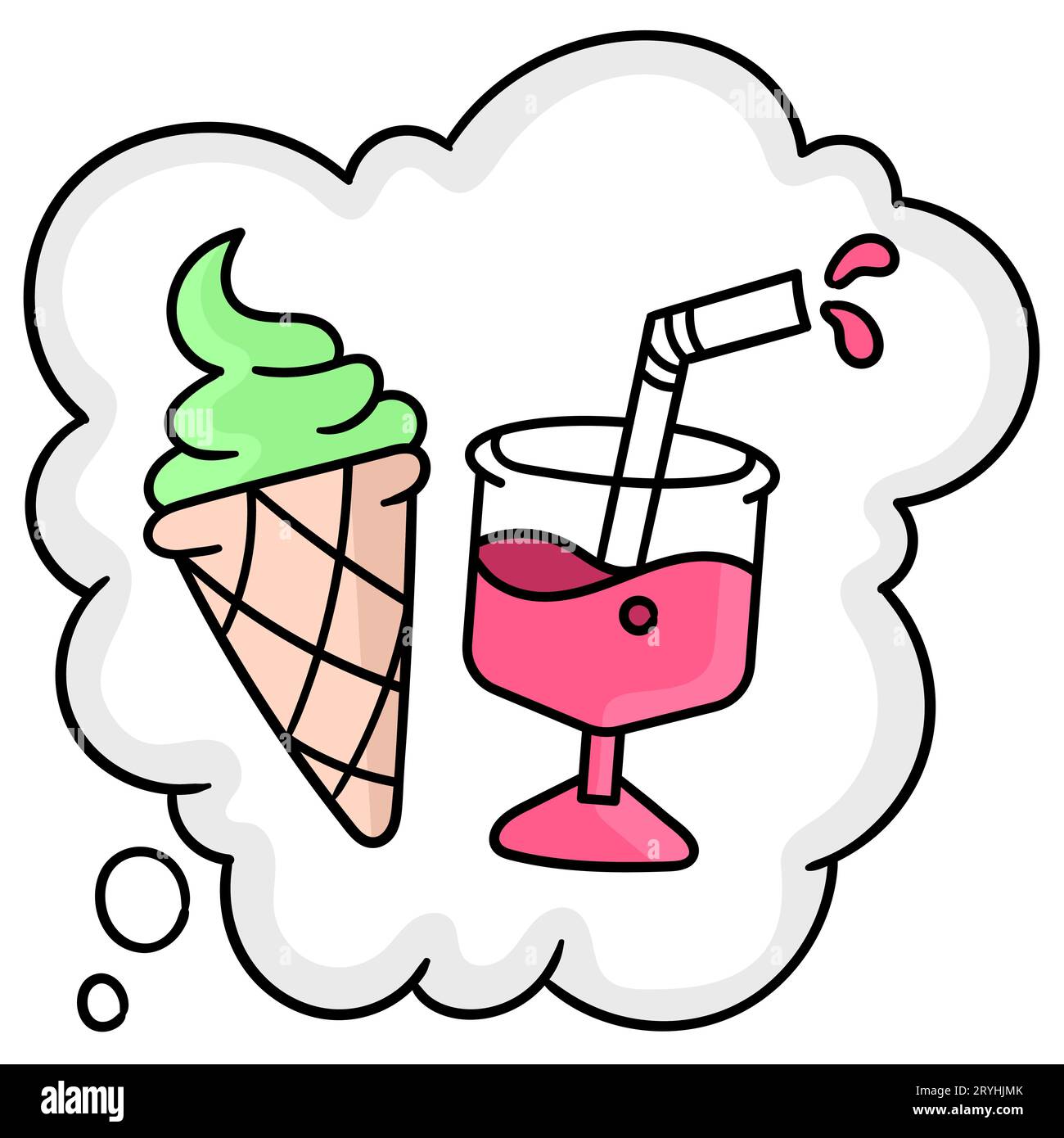 Cloud Bubble Chat gefüllt mit Eisbecher und rotem Sirup. Cartoon-Emoticon. Zeichnung mit Doodle-Symbol, Vektorillustration Stockfoto