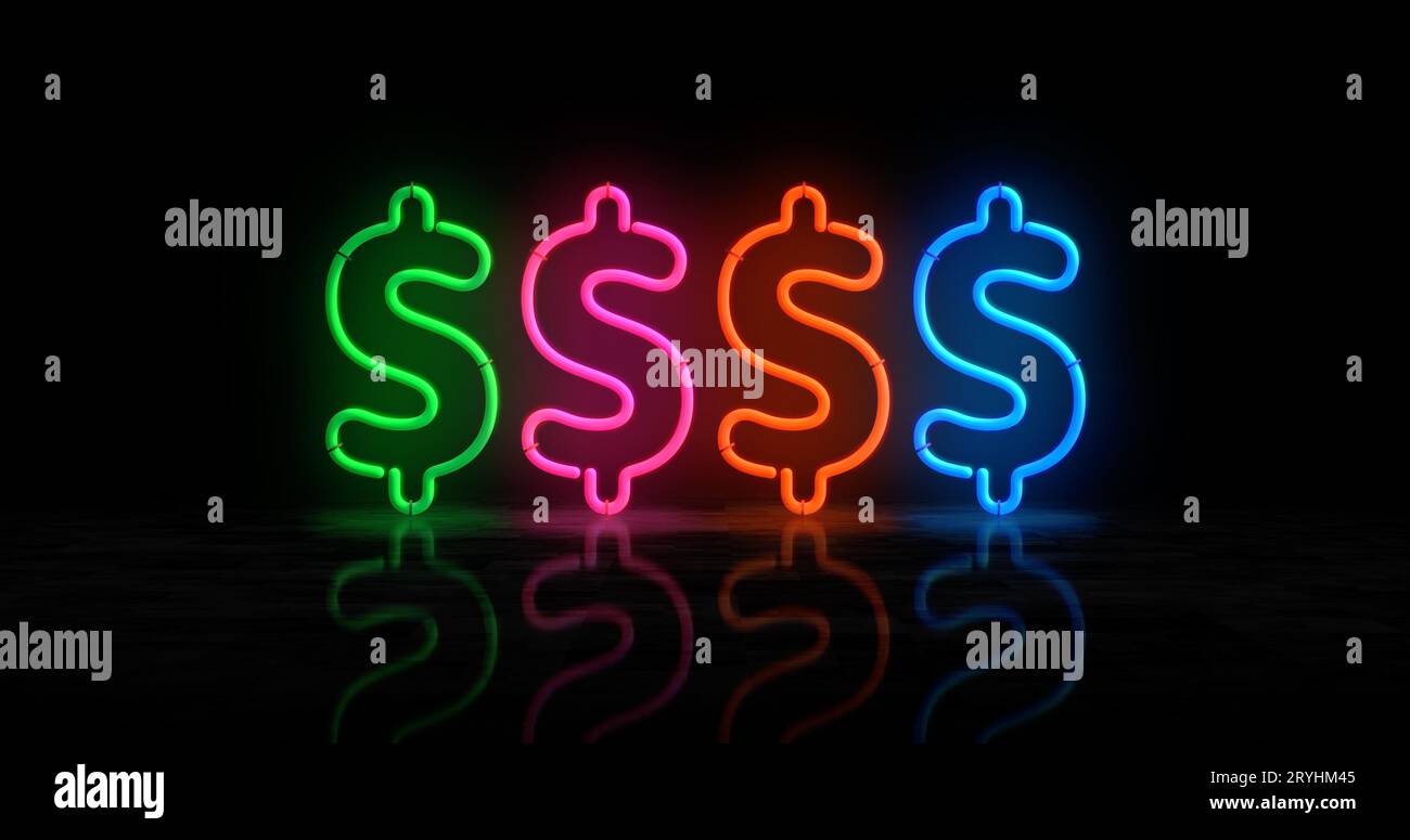Dollarneonsymbol. USD Money Success helle Farblampen. Abstraktes Konzept 3D-Illustration. Stockfoto