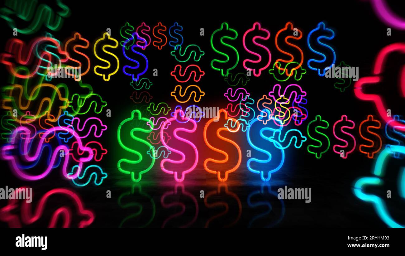 Dollarneonsymbol. USD Money Success helle Farblampen. Abstraktes Konzept 3D-Illustration. Stockfoto