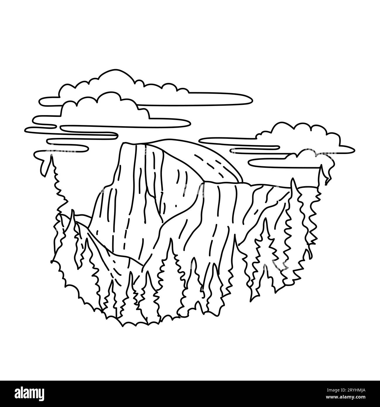 Half Dome im Yosemite National Park California Monoline Line Art Zeichnung Stockfoto