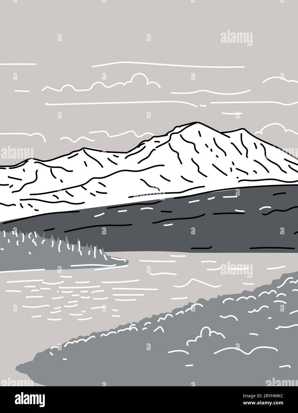 Denali National Park and Preserve oder Mount McKinley Alaska Monoline Line Art Grayscale Drawing Stockfoto